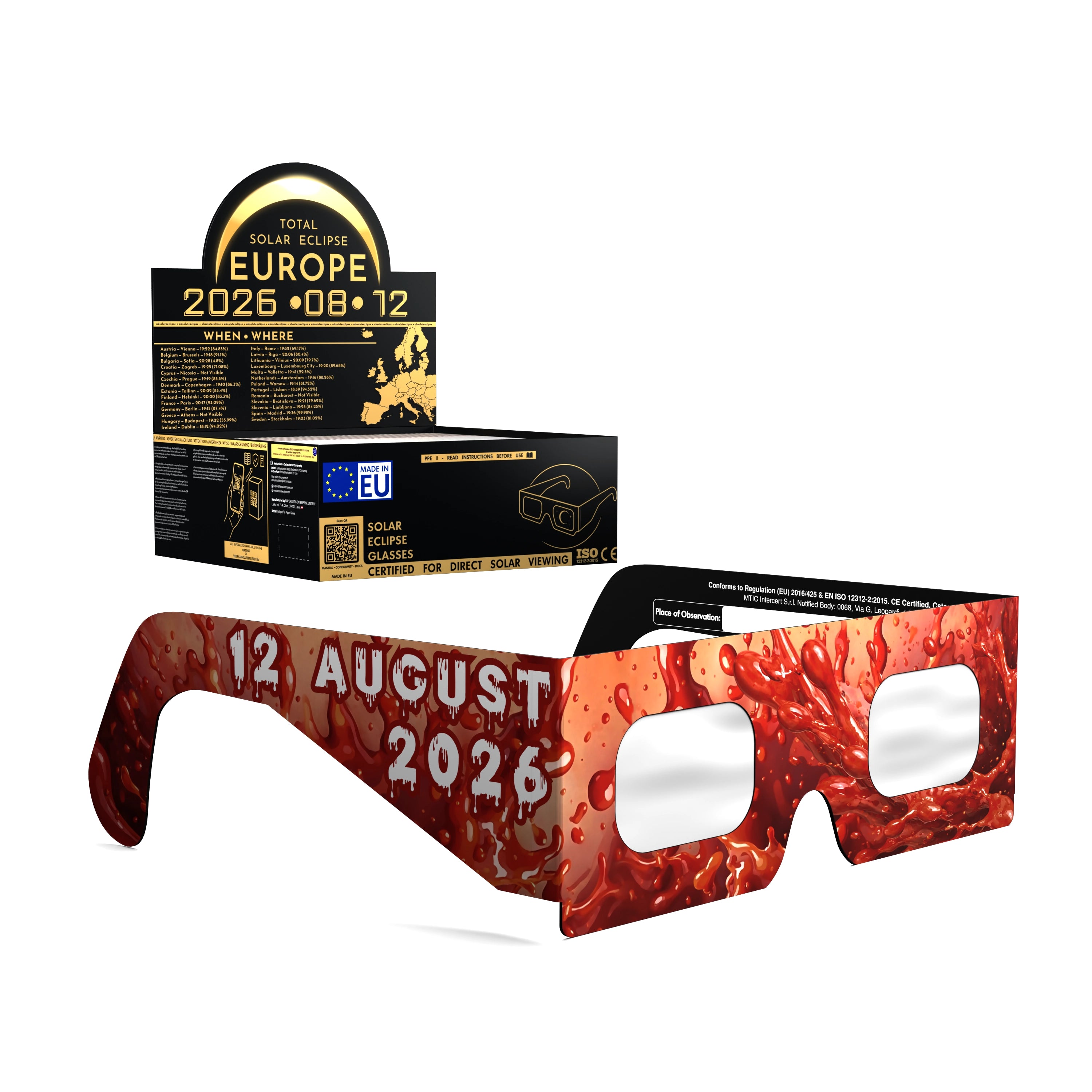 Solar Eclipse Glasses with Tomatina design, CE Certified and ISO Compliant - Packaging Image of 50-Pack