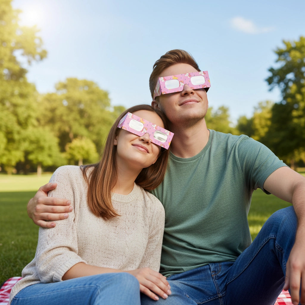 Solar Eclipse Glasses with Unicorns design, CE Certified and ISO Compliant - Lifestyle Image of 2-Pack
