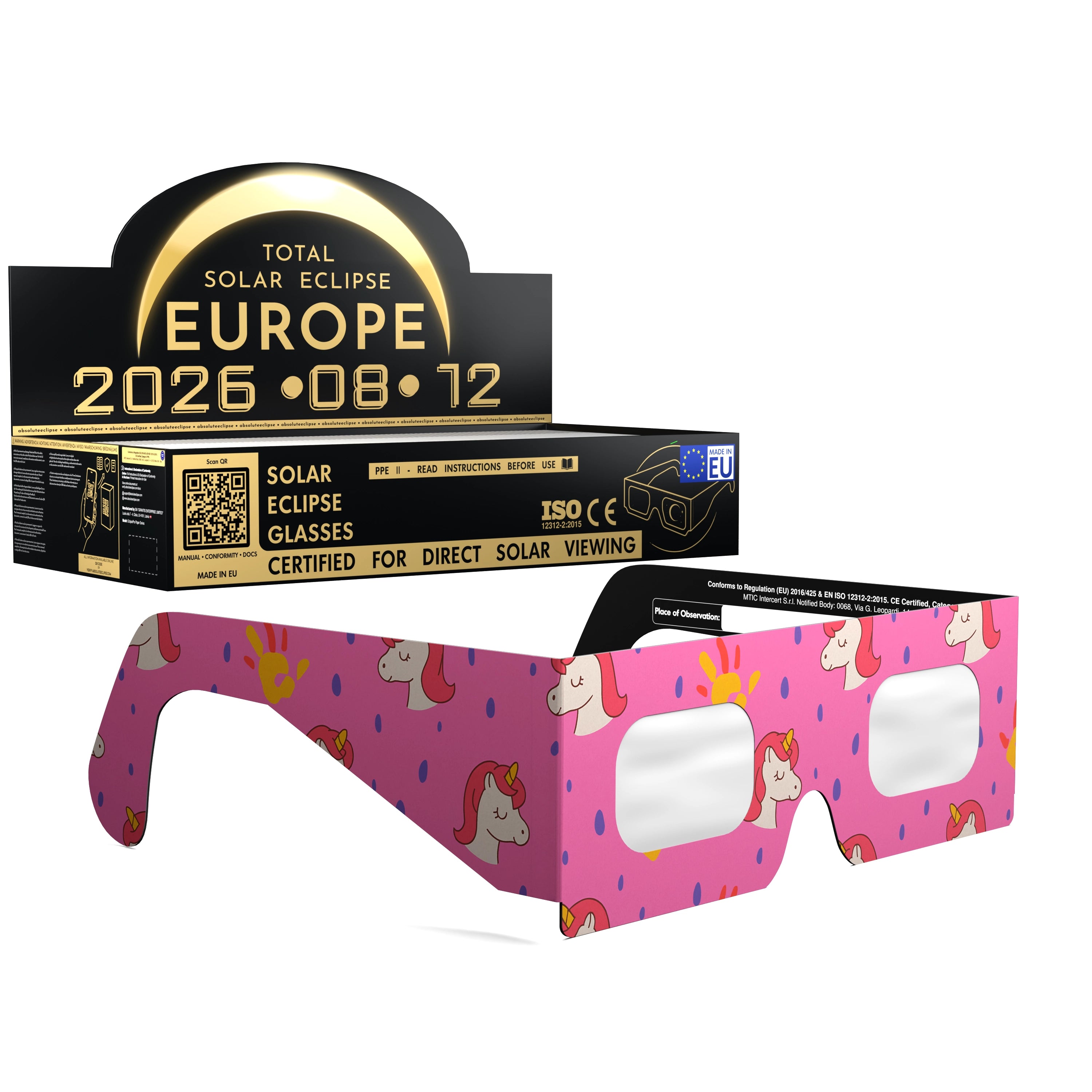 Solar Eclipse Glasses with Unicorns design, CE Certified and ISO Compliant - Packaging Image of 100-Pack