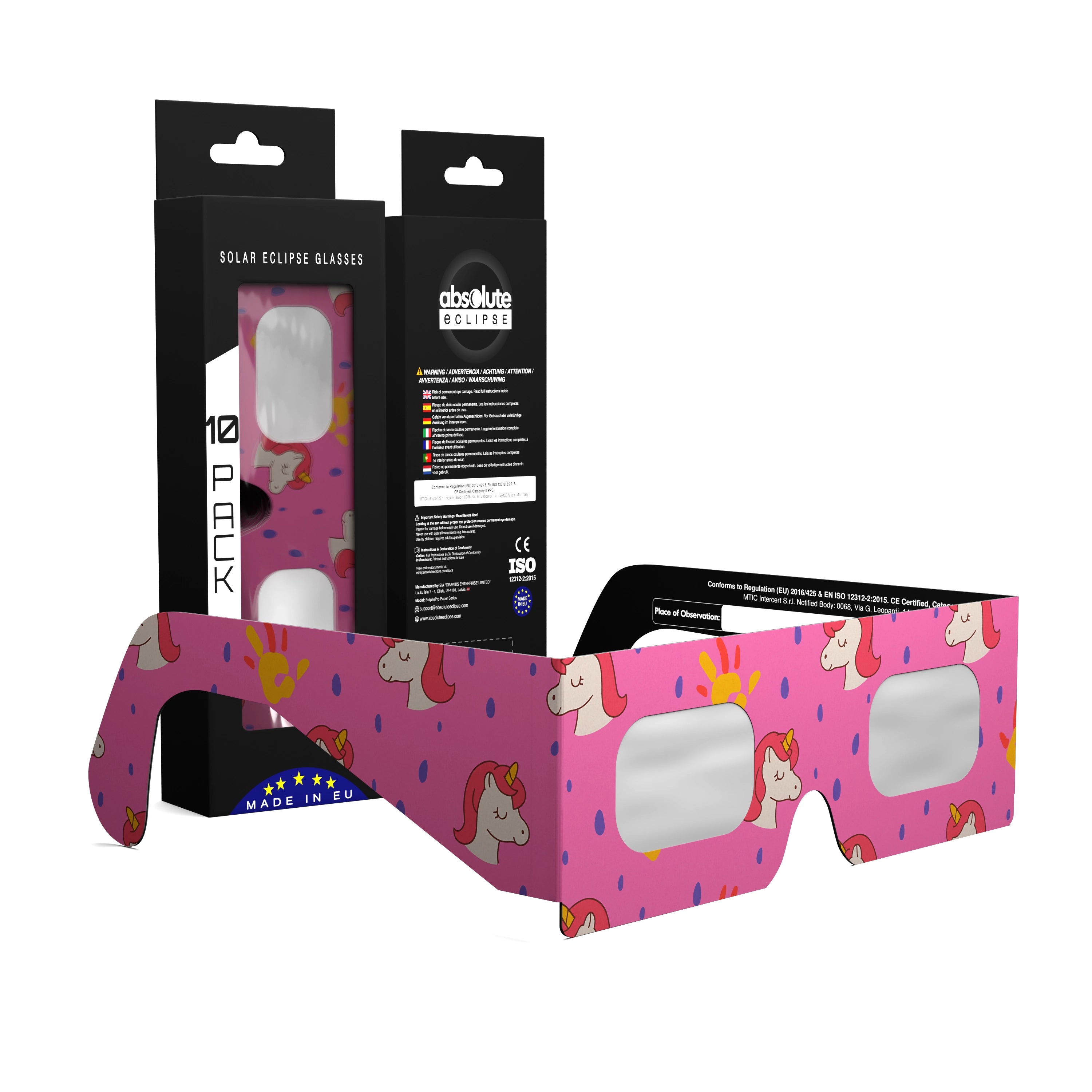 Solar Eclipse Glasses with Unicorns design, CE Certified and ISO Compliant - Packaging Image of 10-Pack