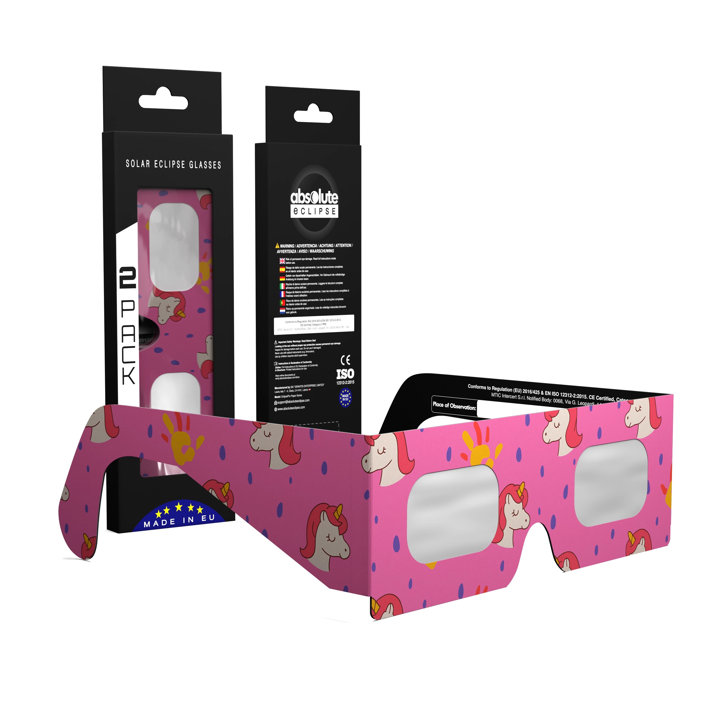 Solar Eclipse Glasses with Unicorns design, CE Certified and ISO Compliant - Packaging Image of 2-Pack
