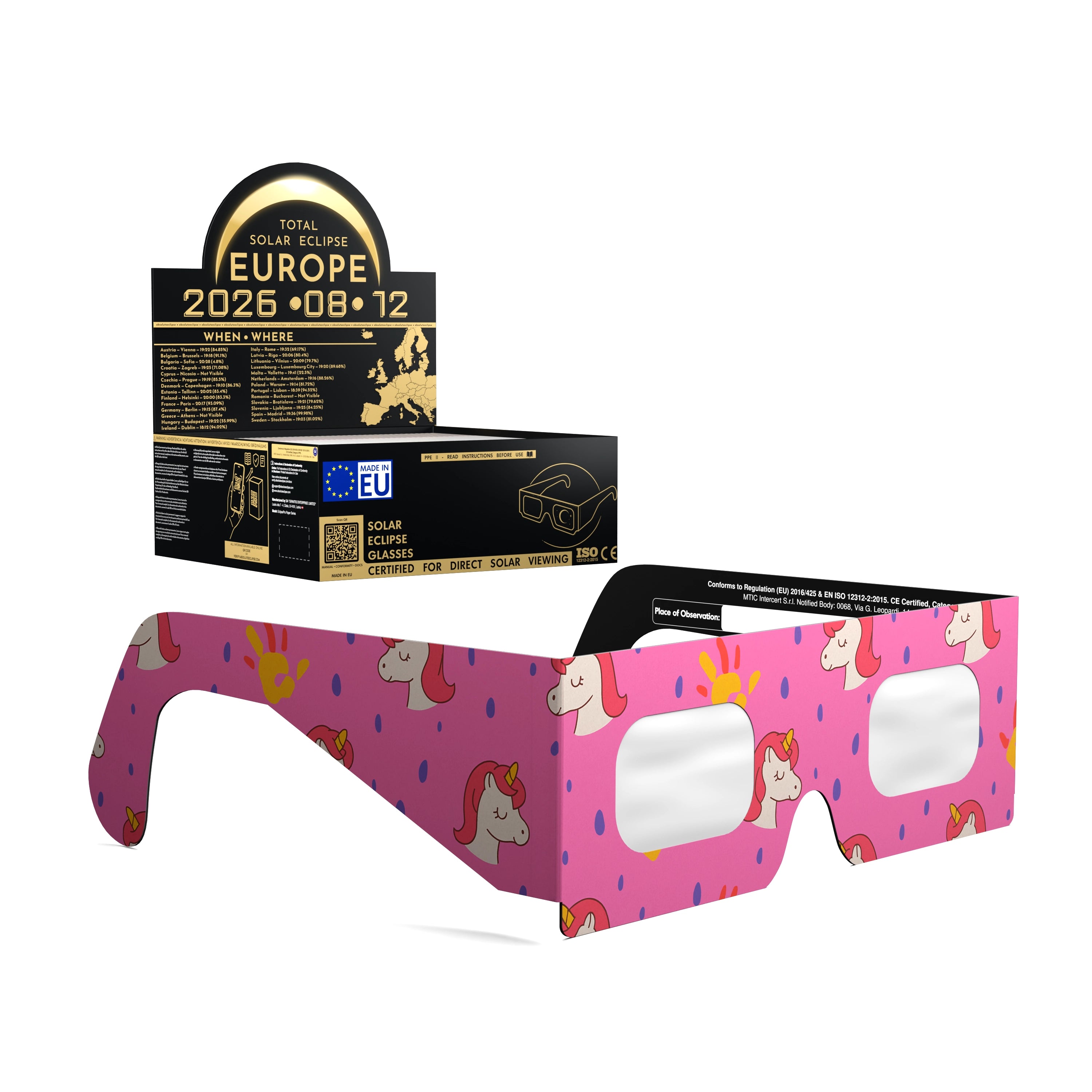 Solar Eclipse Glasses with Unicorns design, CE Certified and ISO Compliant - Packaging Image of 50-Pack