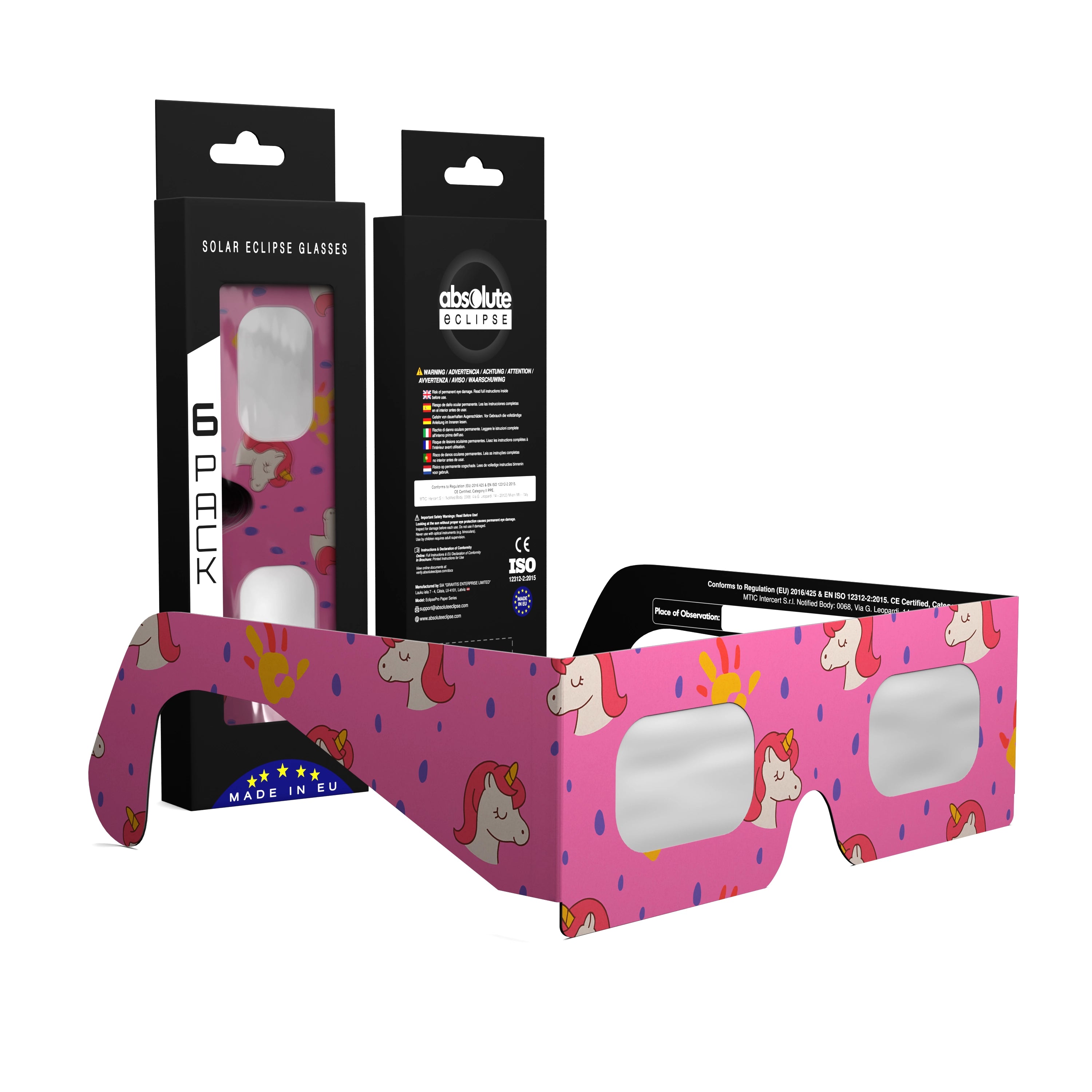 Solar Eclipse Glasses with Unicorns design, CE Certified and ISO Compliant - Packaging Image of 6-Pack