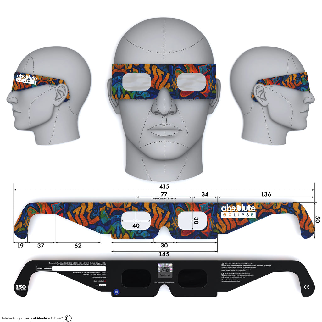 Solar Eclipse Glasses with Urban design, CE Certified and ISO Compliant - Back and Front View