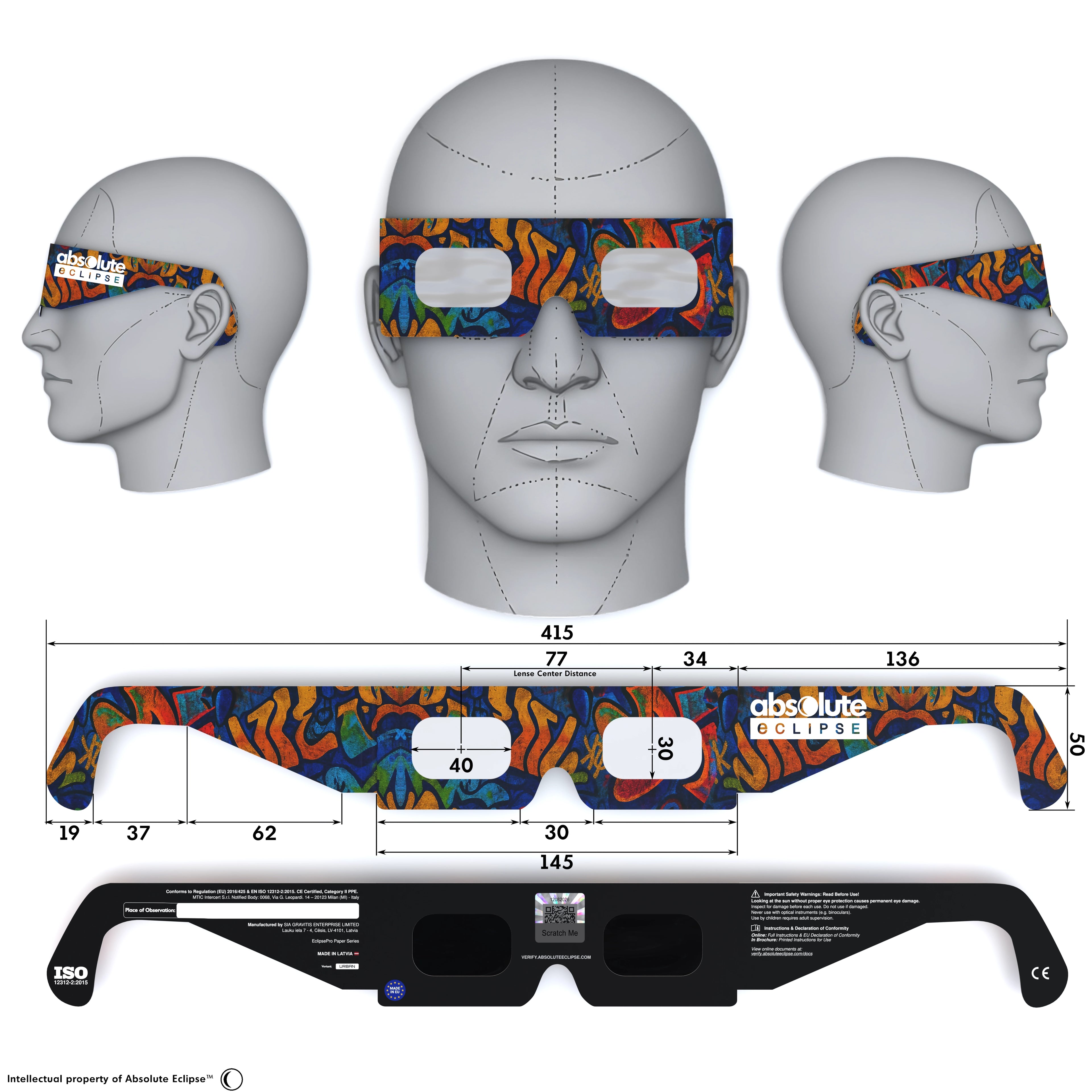 Solar Eclipse Glasses with Urban design, CE Certified and ISO Compliant - Back and Front View