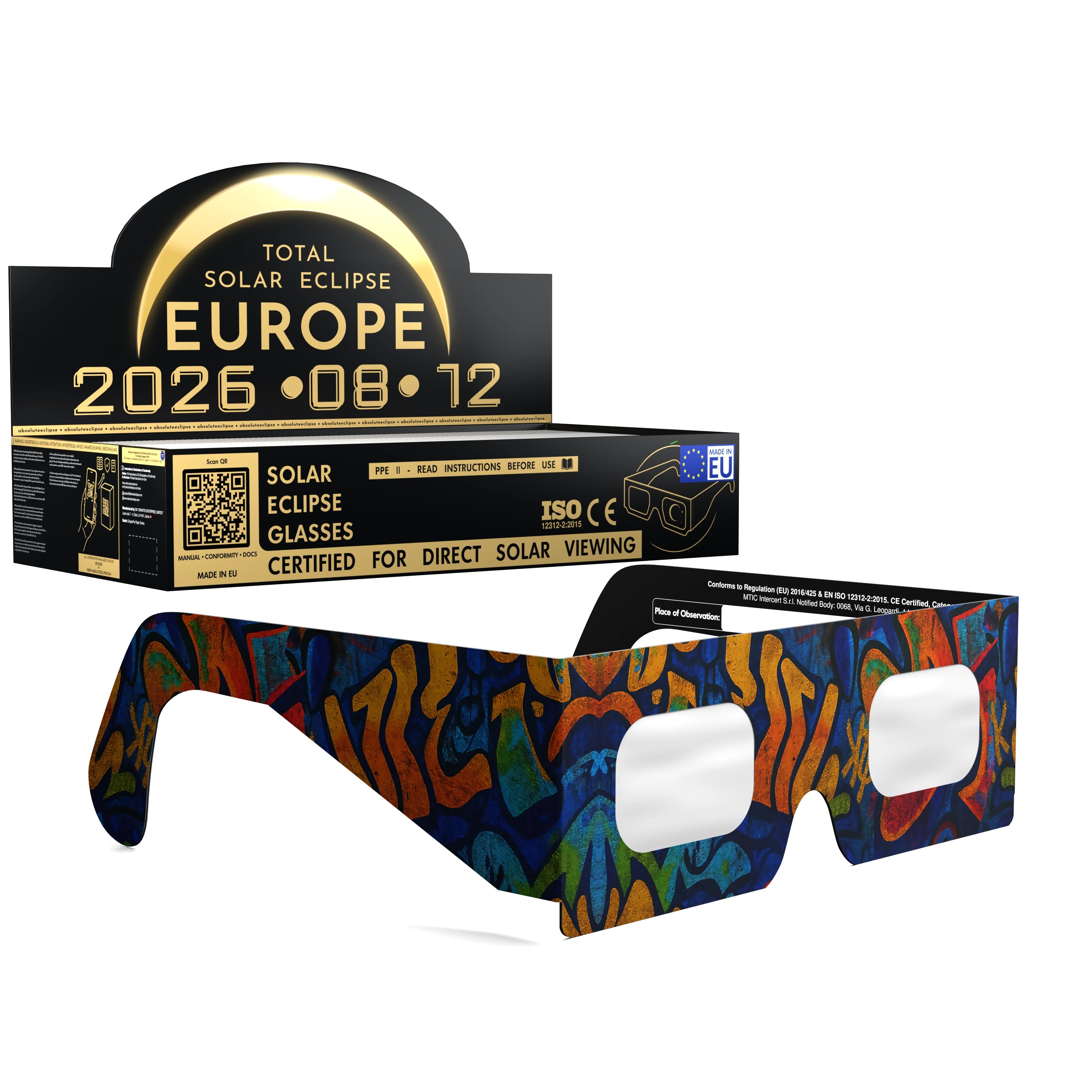 Solar Eclipse Glasses with Urban design, CE Certified and ISO Compliant - Packaging Image of 100-Pack