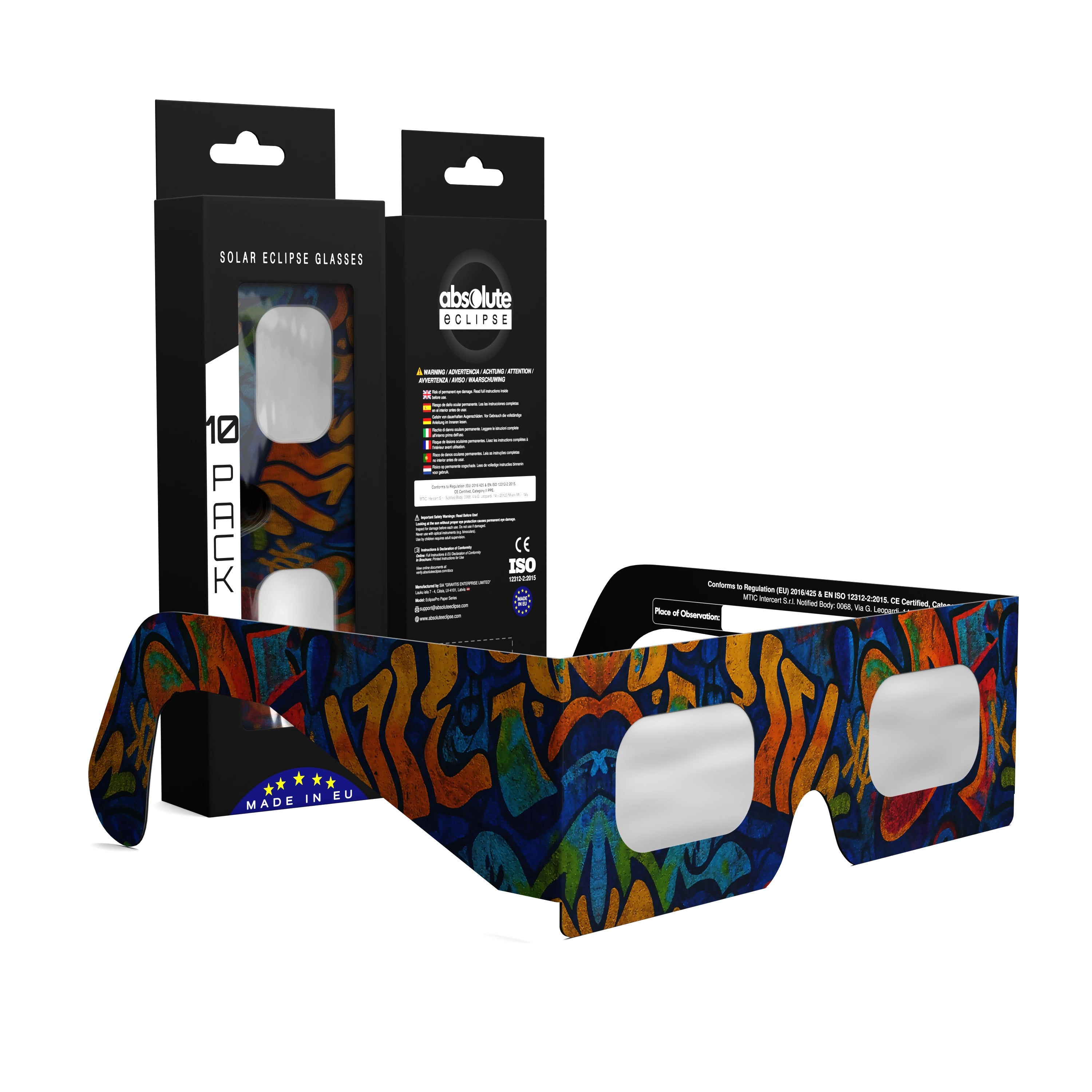 Solar Eclipse Glasses with Urban design, CE Certified and ISO Compliant - Packaging Image of 10-Pack