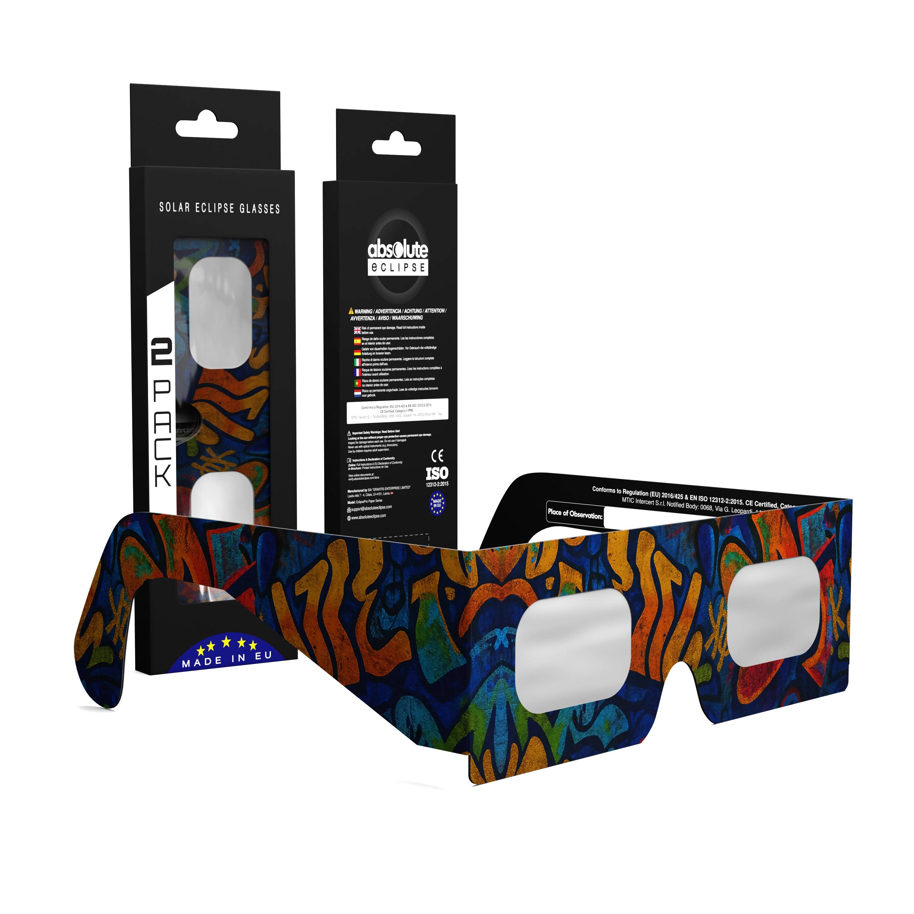 Solar Eclipse Glasses with Urban design, CE Certified and ISO Compliant - Packaging Image of 2-Pack