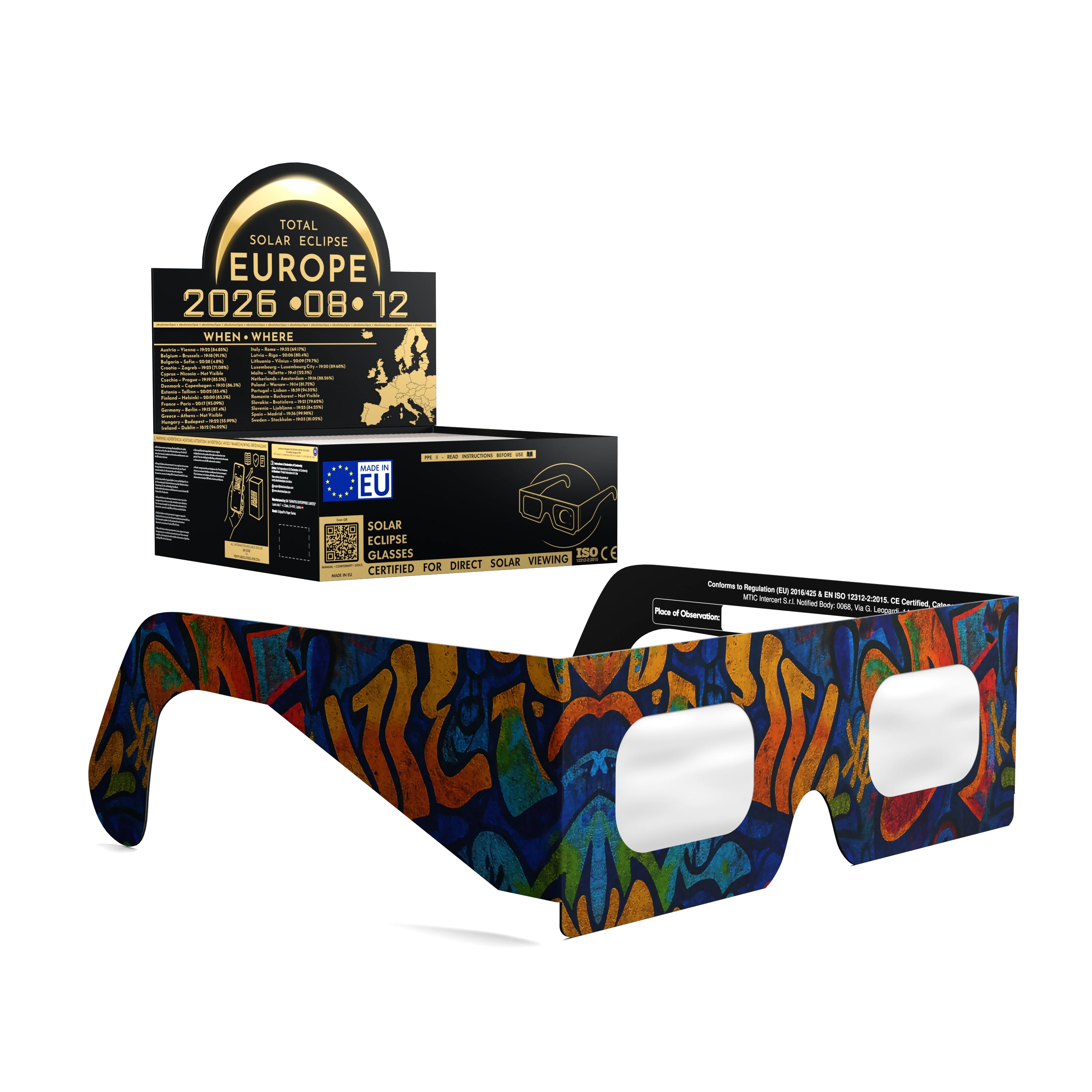 Solar Eclipse Glasses with Urban design, CE Certified and ISO Compliant - Packaging Image of 50-Pack