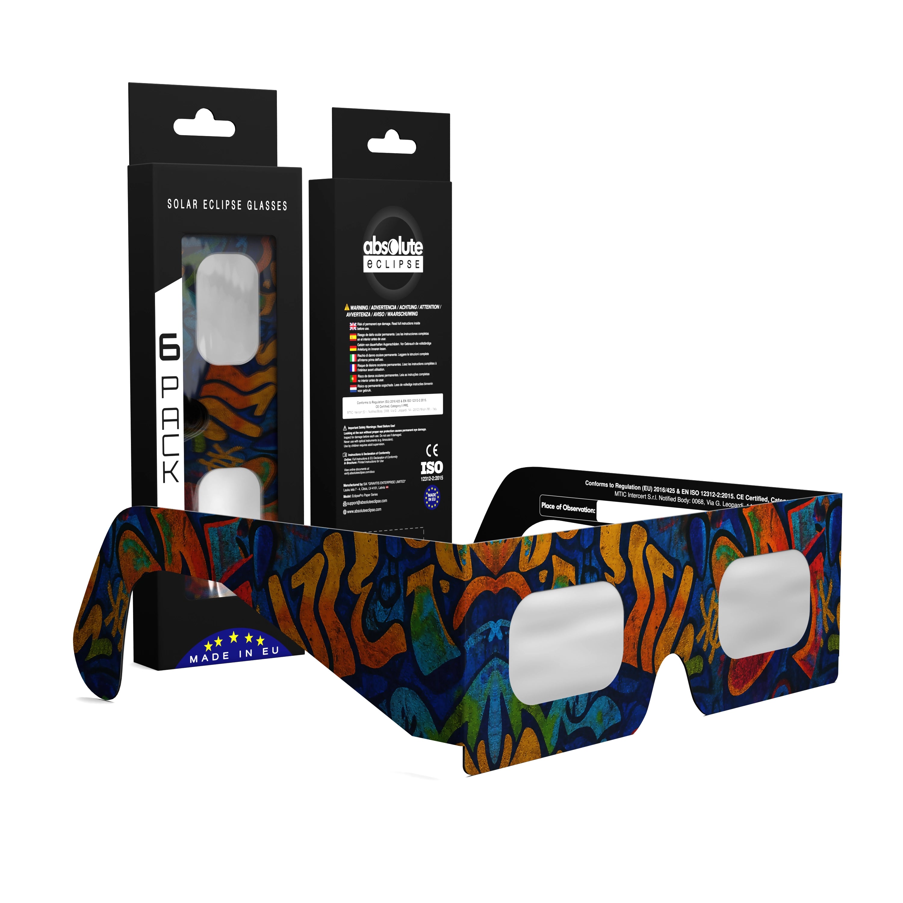 Solar Eclipse Glasses with Urban design, CE Certified and ISO Compliant - Packaging Image of 6-Pack