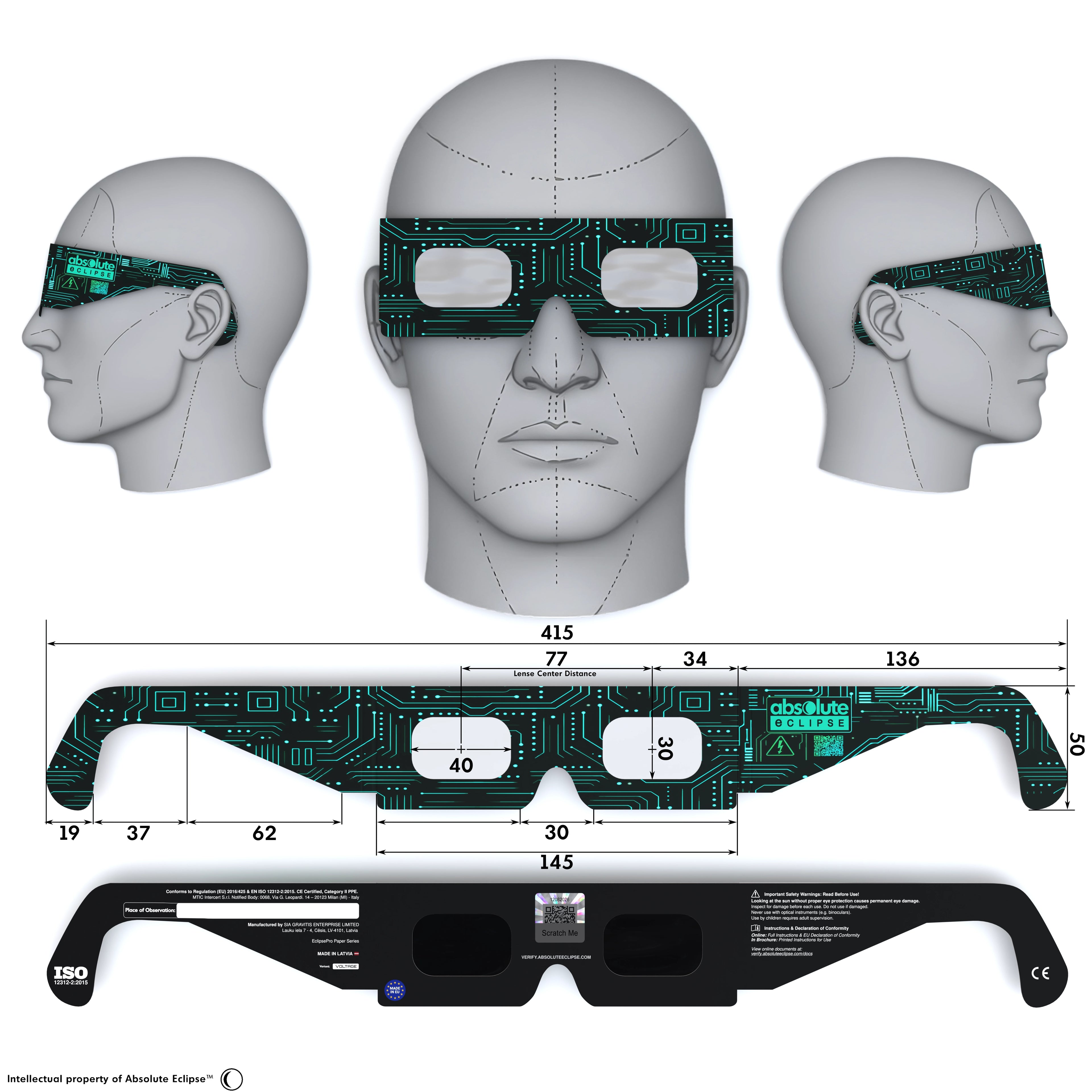 Solar Eclipse Glasses with Voltage design, CE Certified and ISO Compliant - Back and Front View