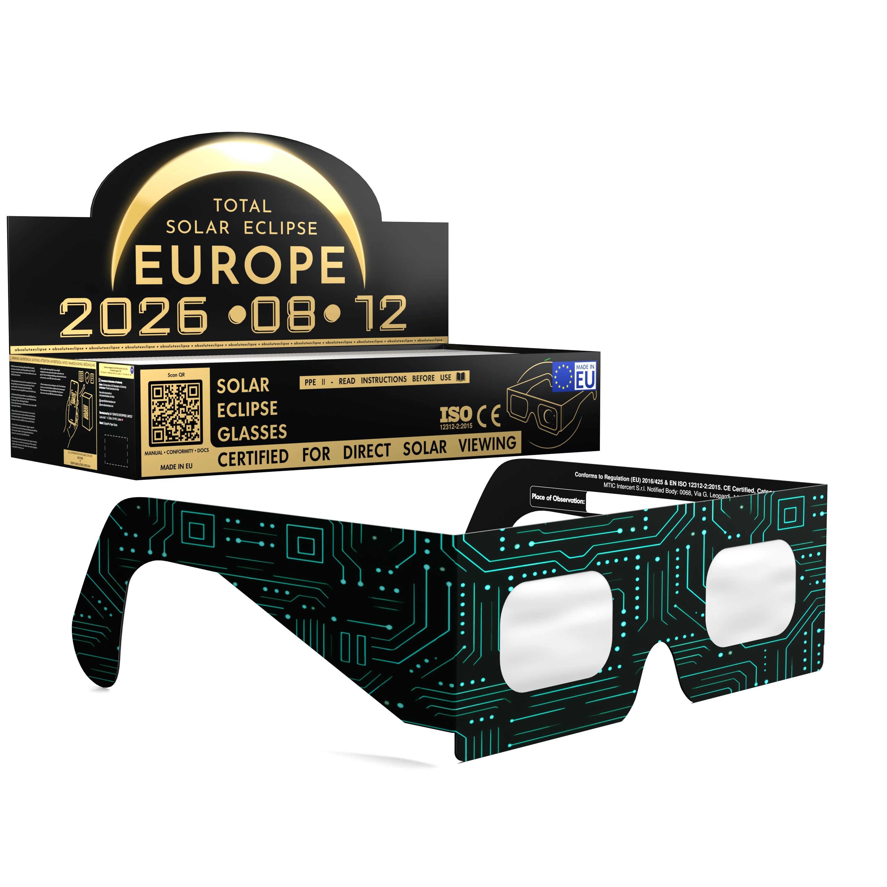 Solar Eclipse Glasses with Voltage design, CE Certified and ISO Compliant - Packaging Image of 100-Pack