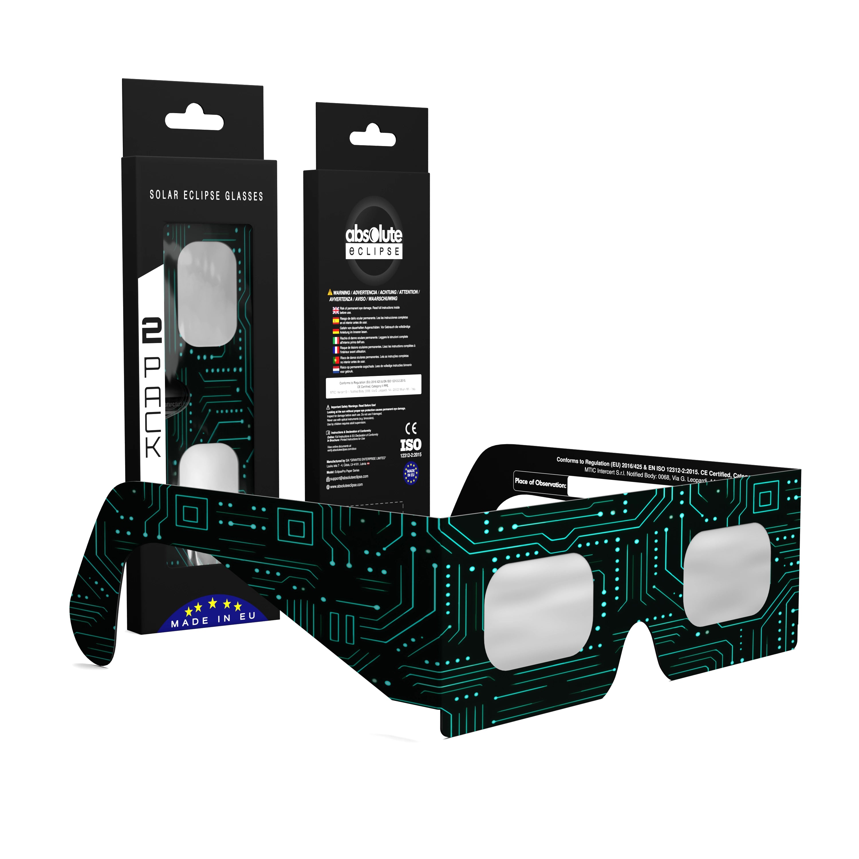 Solar Eclipse Glasses with Voltage design, CE Certified and ISO Compliant - Packaging Image of 2-Pack