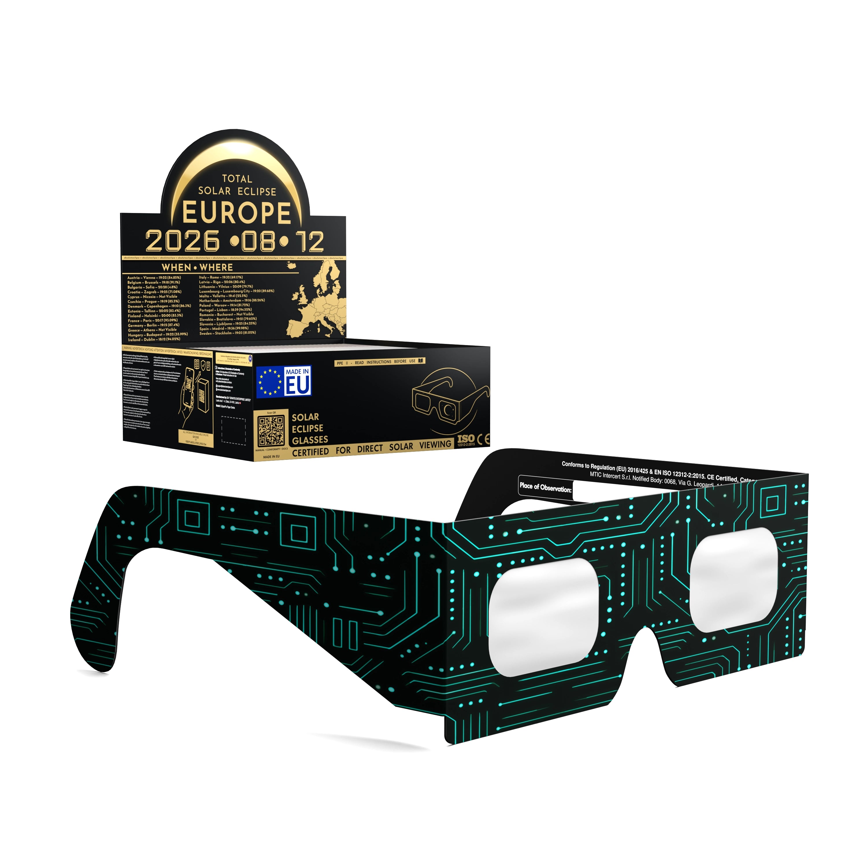 Solar Eclipse Glasses with Voltage design, CE Certified and ISO Compliant - Packaging Image of 50-Pack
