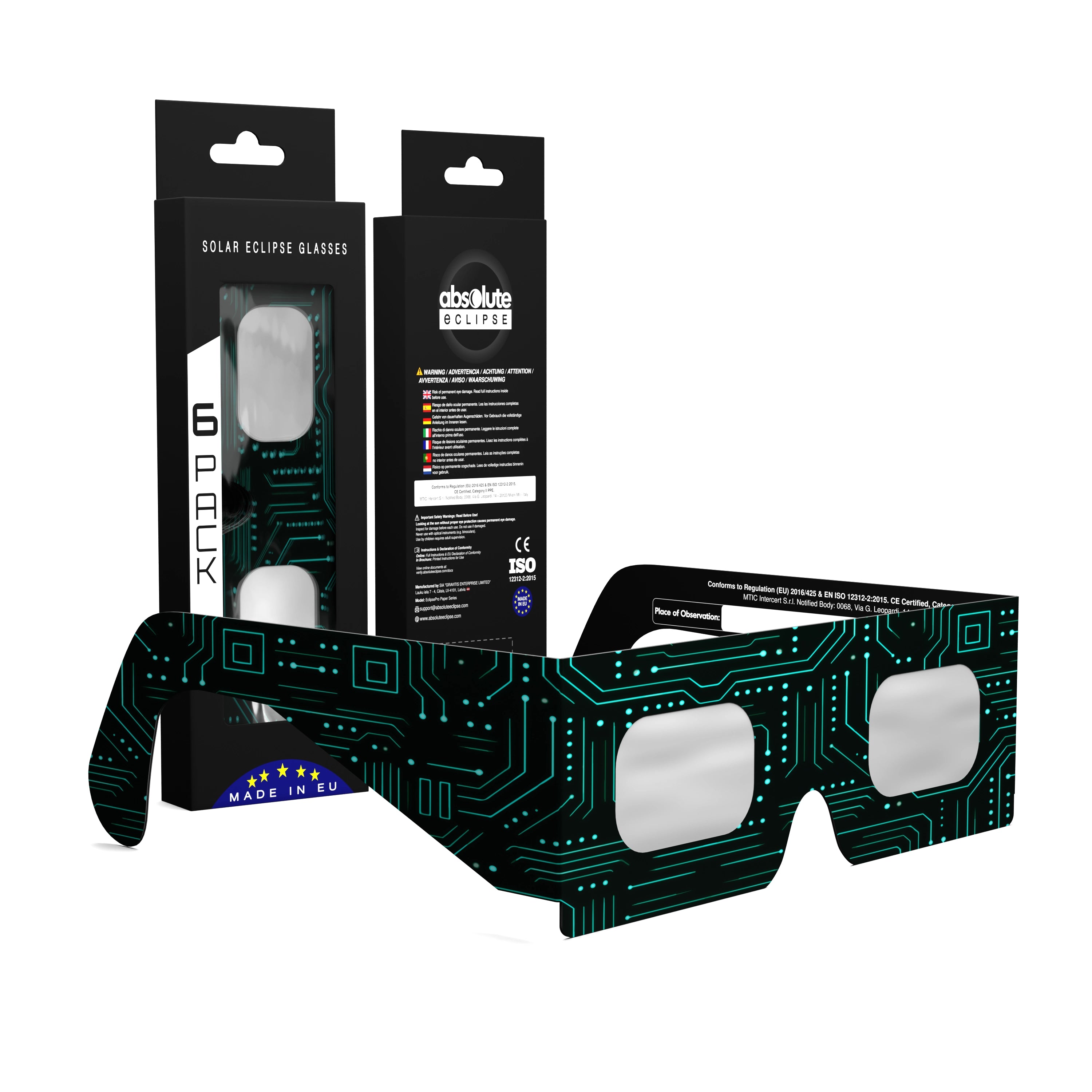Solar Eclipse Glasses with Voltage design, CE Certified and ISO Compliant - Packaging Image of 6-Pack