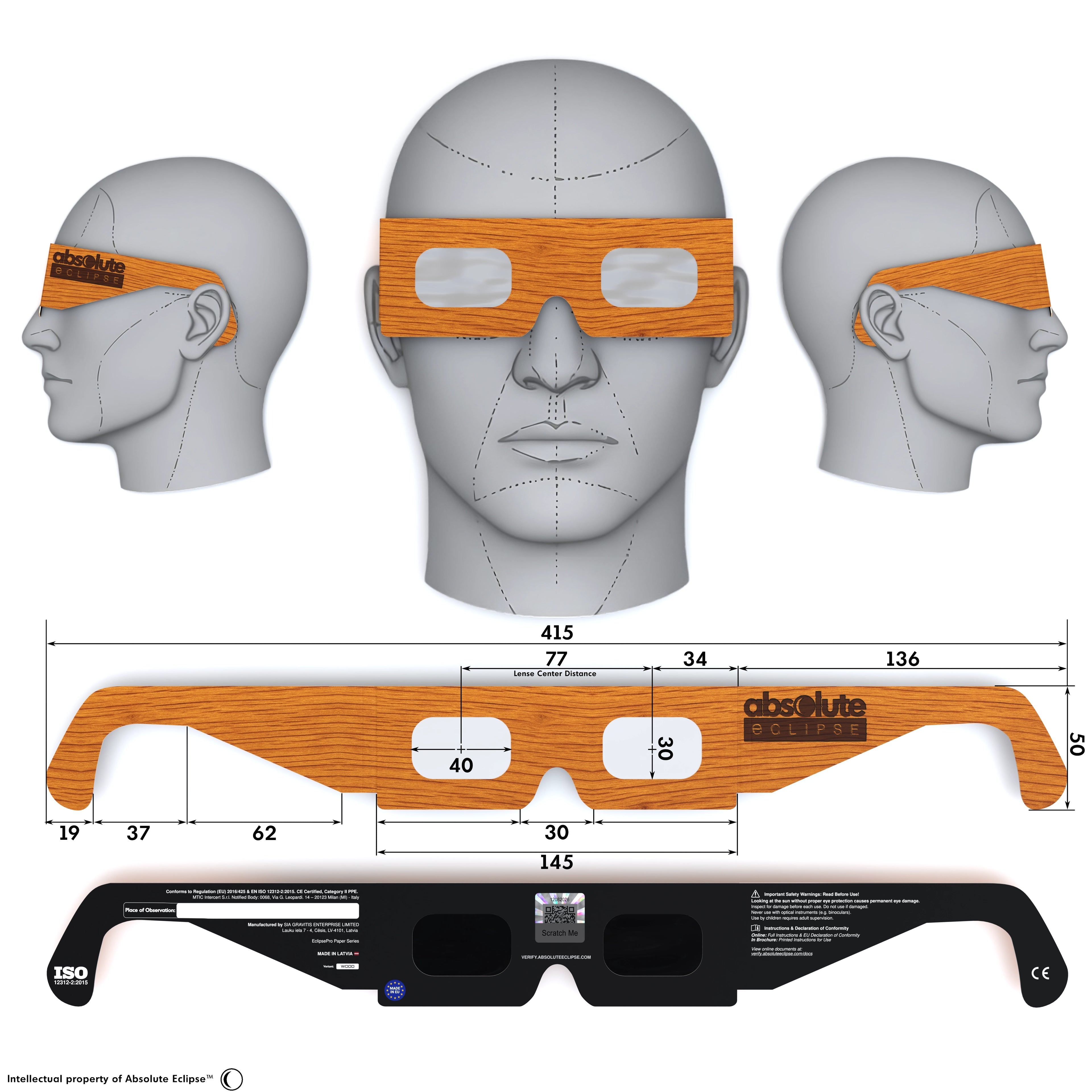 Solar Eclipse Glasses with Wood design, CE Certified and ISO Compliant - Back and Front View