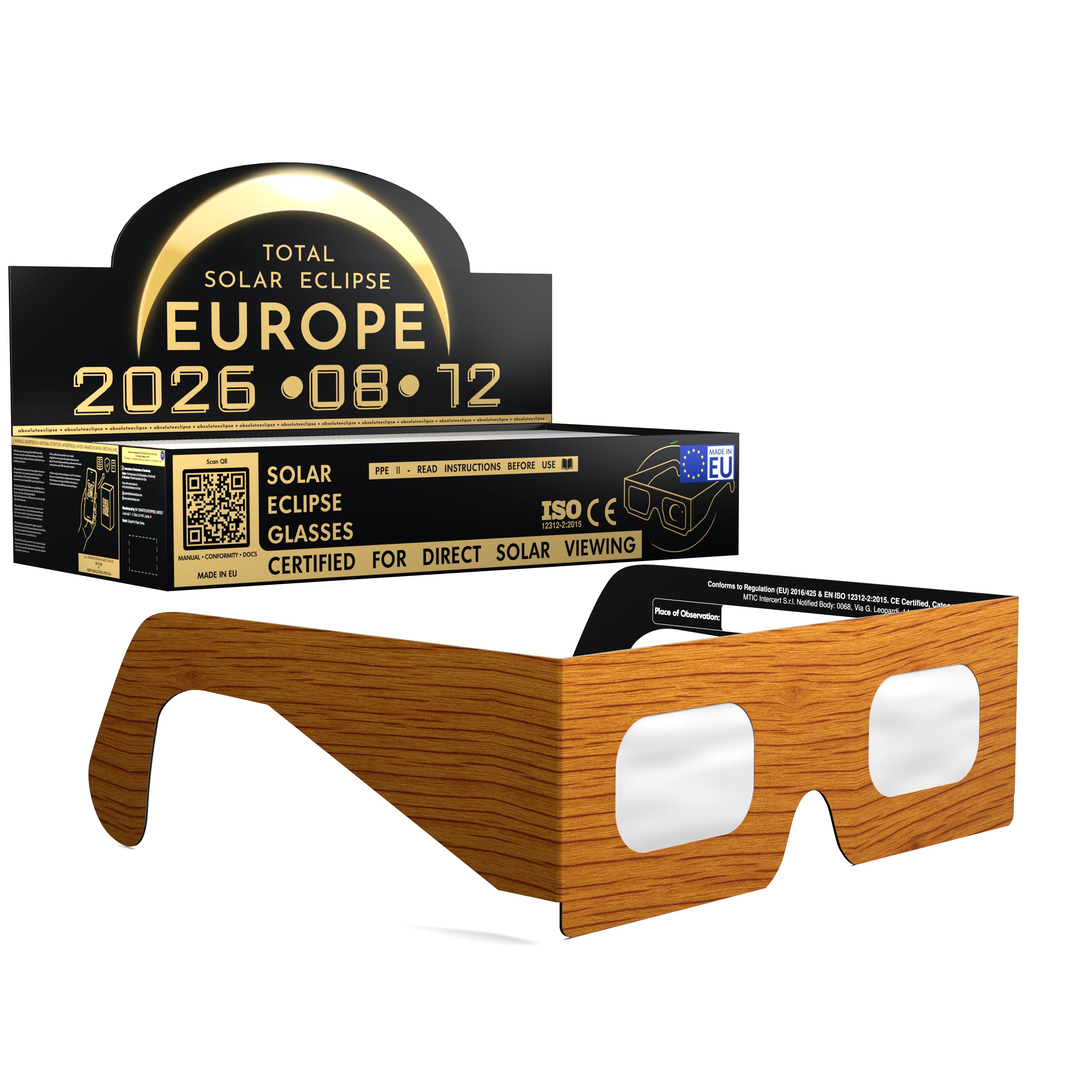 Solar Eclipse Glasses with Wood design, CE Certified and ISO Compliant - Packaging Image of 100-Pack