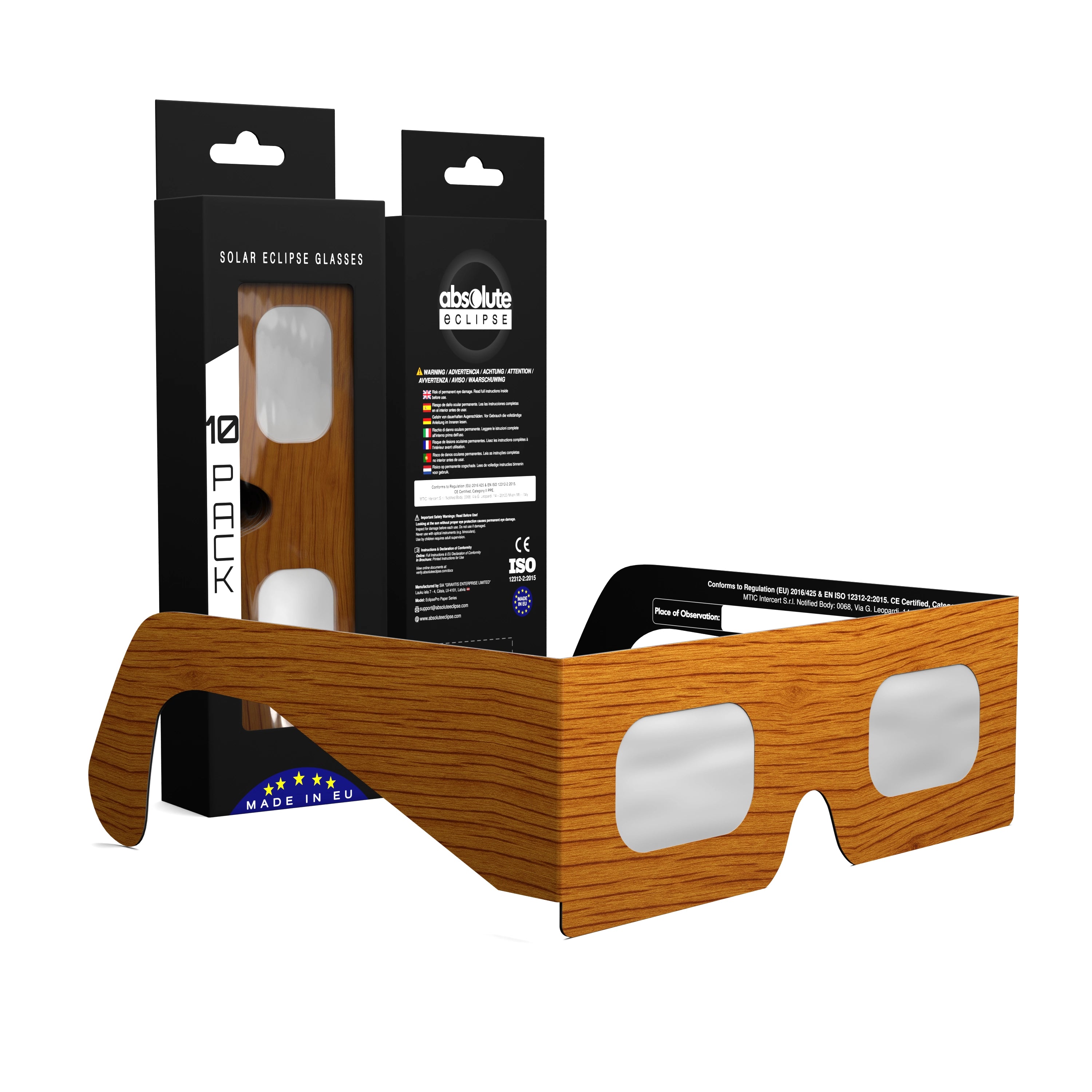 Solar Eclipse Glasses with Wood design, CE Certified and ISO Compliant - Packaging Image of 10-Pack