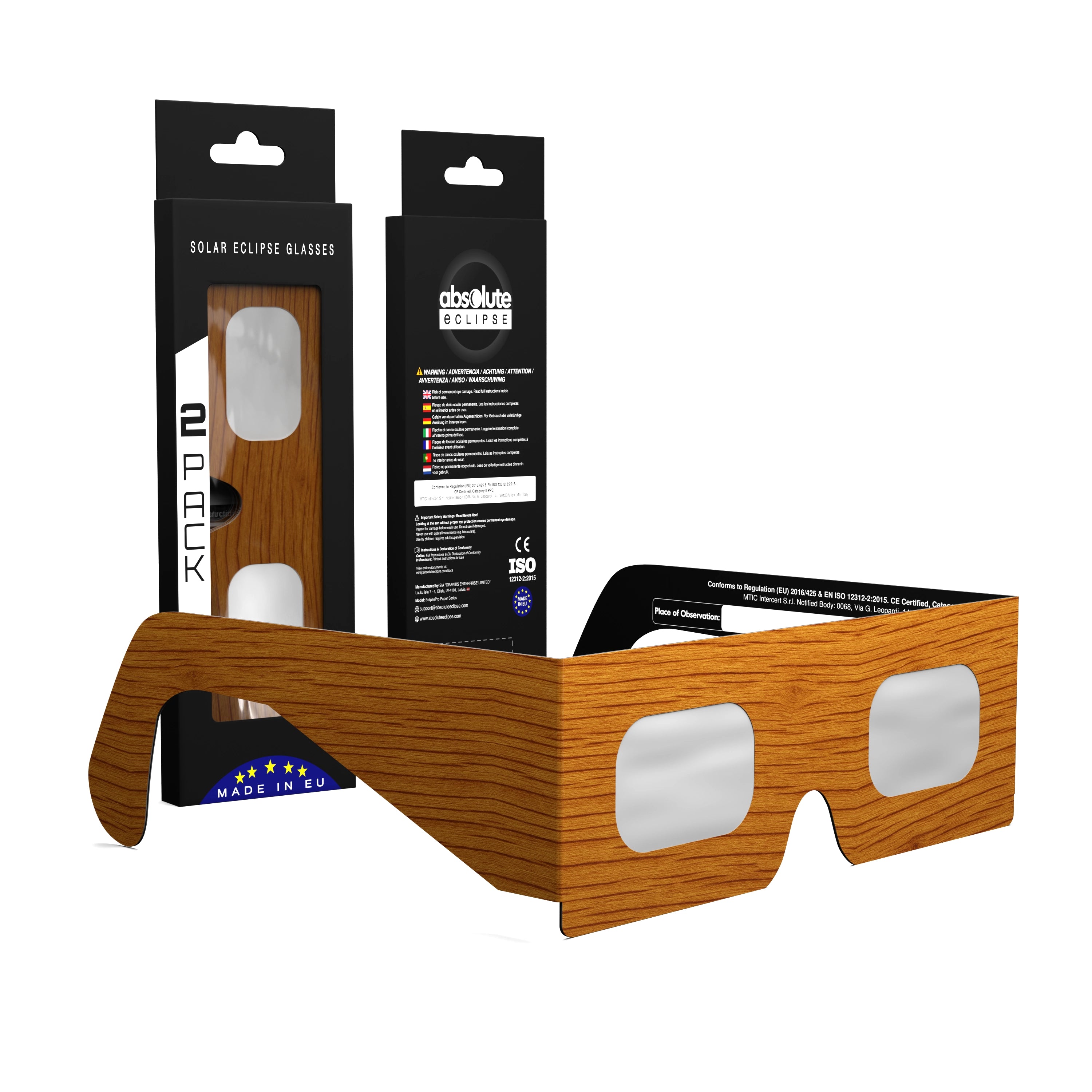 Solar Eclipse Glasses with Wood design, CE Certified and ISO Compliant - Packaging Image of 2-Pack