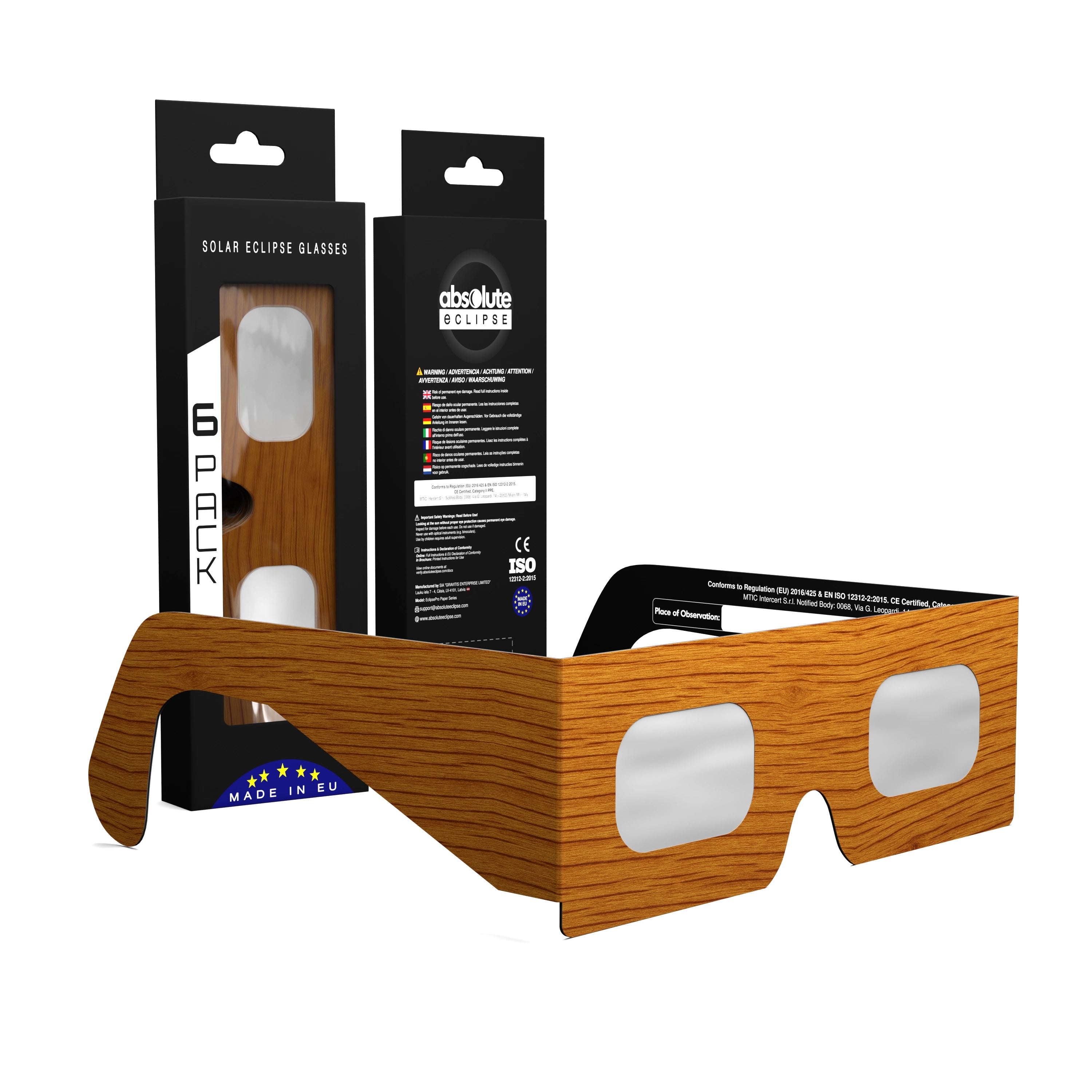 Solar Eclipse Glasses with Wood design, CE Certified and ISO Compliant - Packaging Image of 6-Pack