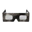 Front view of Soot design eclipse glasses showcasing their flat lenses and unique smoky design. ISO 12312-2 compliant.