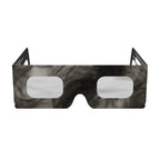 Front view of Soot design eclipse glasses showcasing their flat lenses and unique smoky design. ISO 12312-2 compliant.