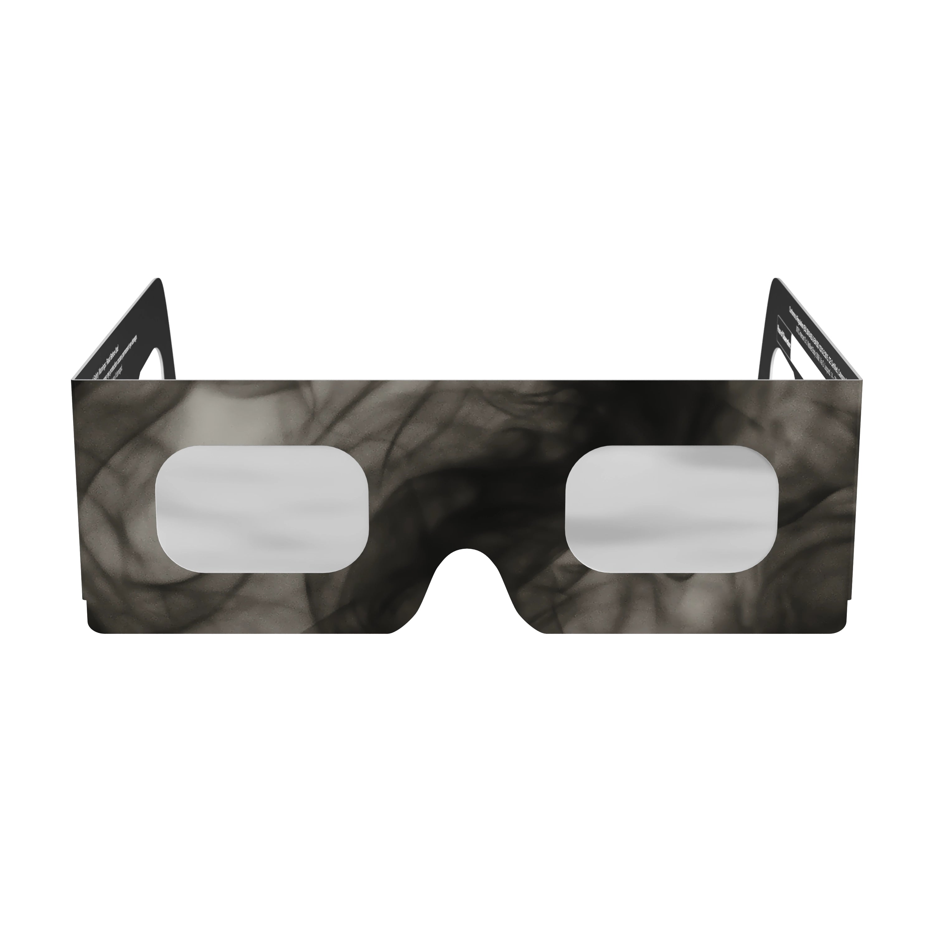Front view of Soot design eclipse glasses showcasing their flat lenses and unique smoky design. ISO 12312-2 compliant.