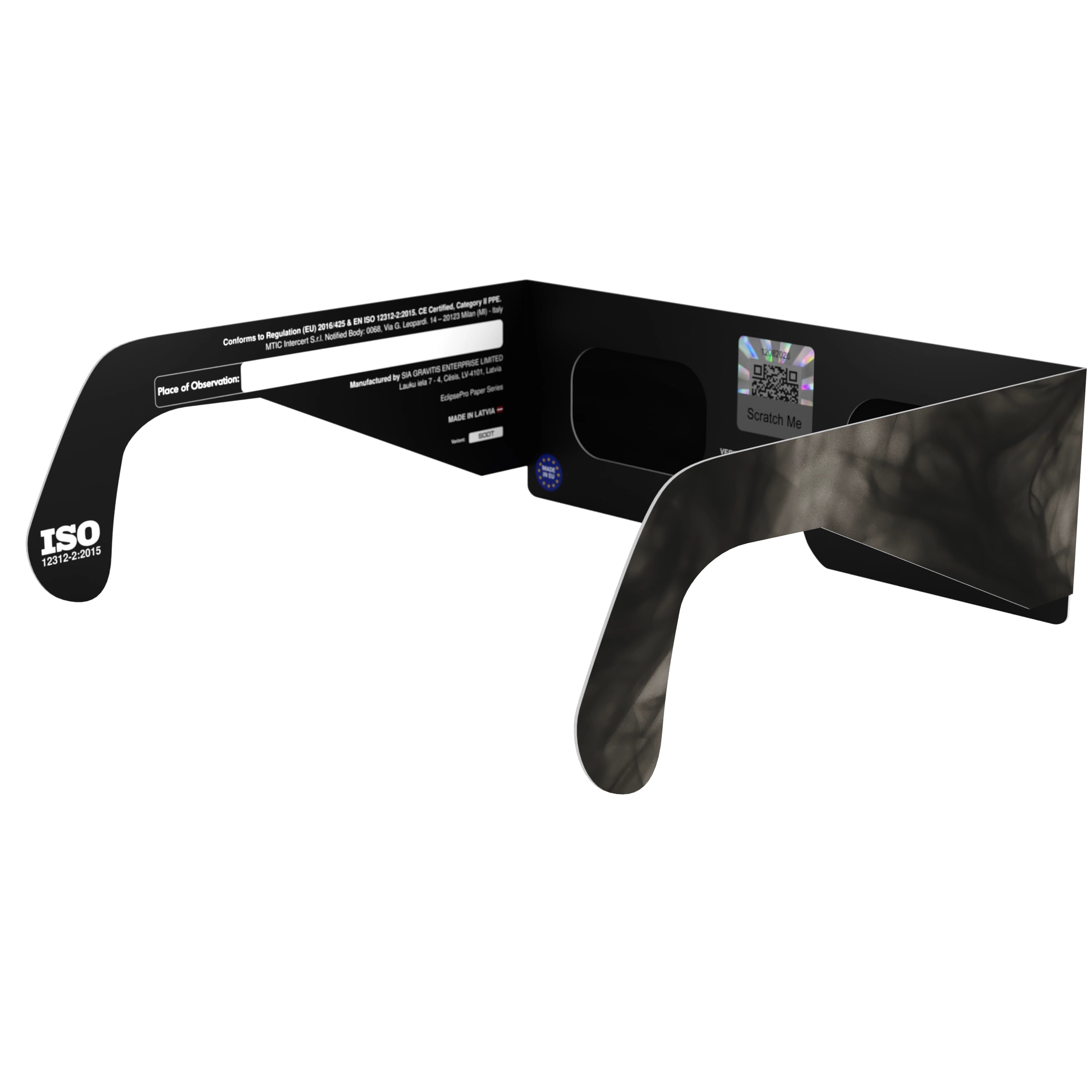 Back-side angle of Soot design eclipse glasses with a QR authenticity sticker visible, showcasing their premium design.