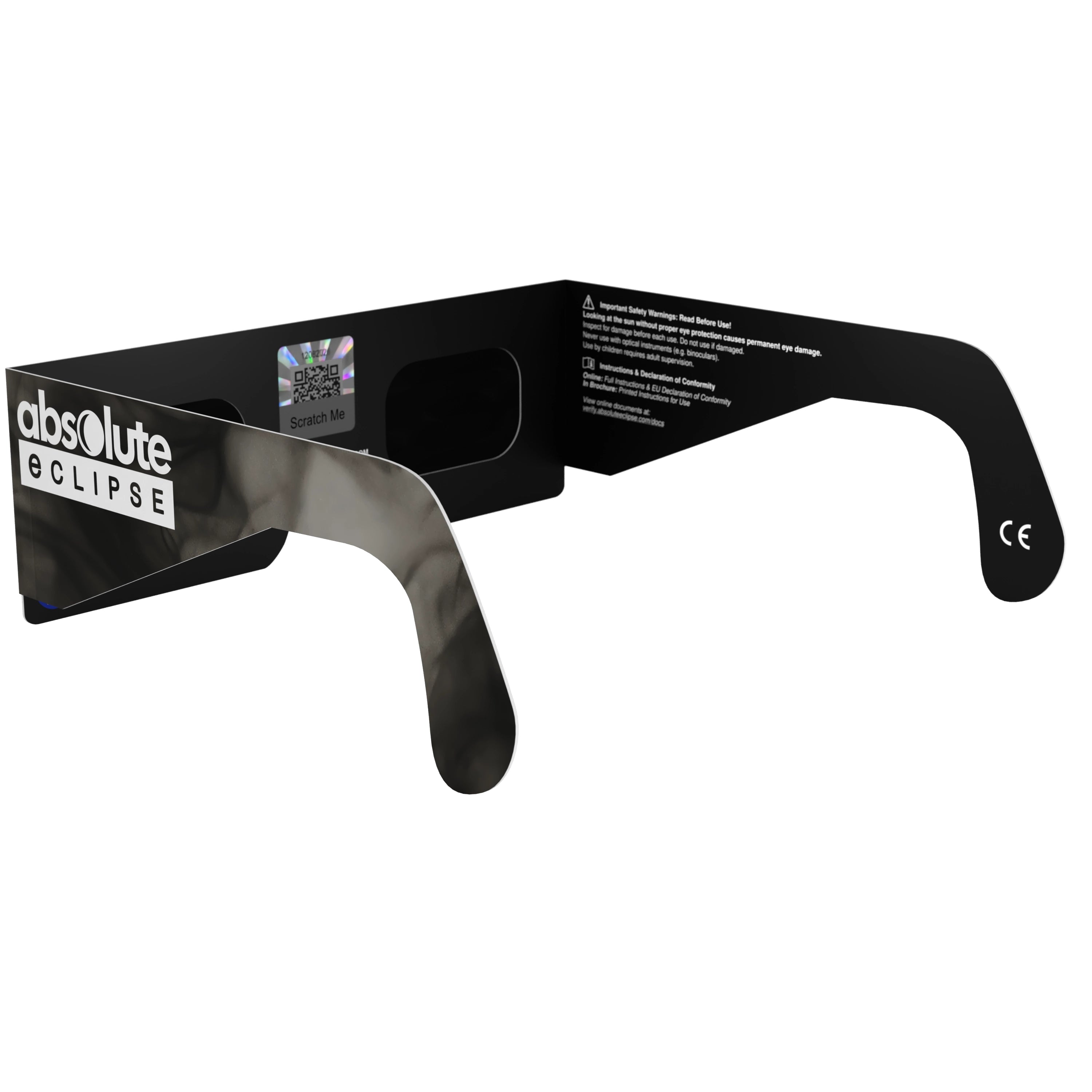 Back-side alternate angle of Soot design eclipse glasses, featuring a QR sticker and highlighting their unique design.