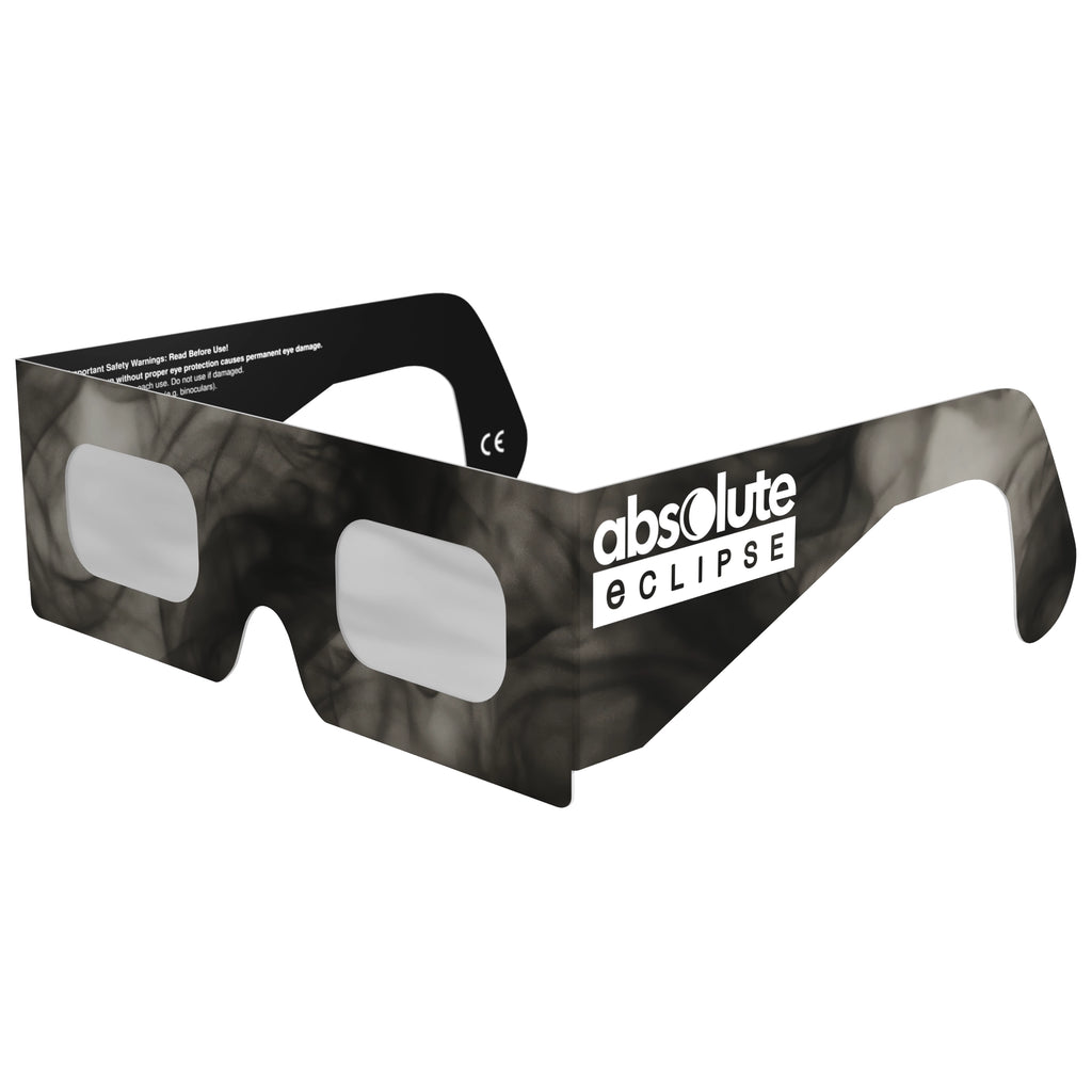 Front-side main angle of Soot design eclipse glasses, showcasing their unique smoky pattern and flat lens surface.