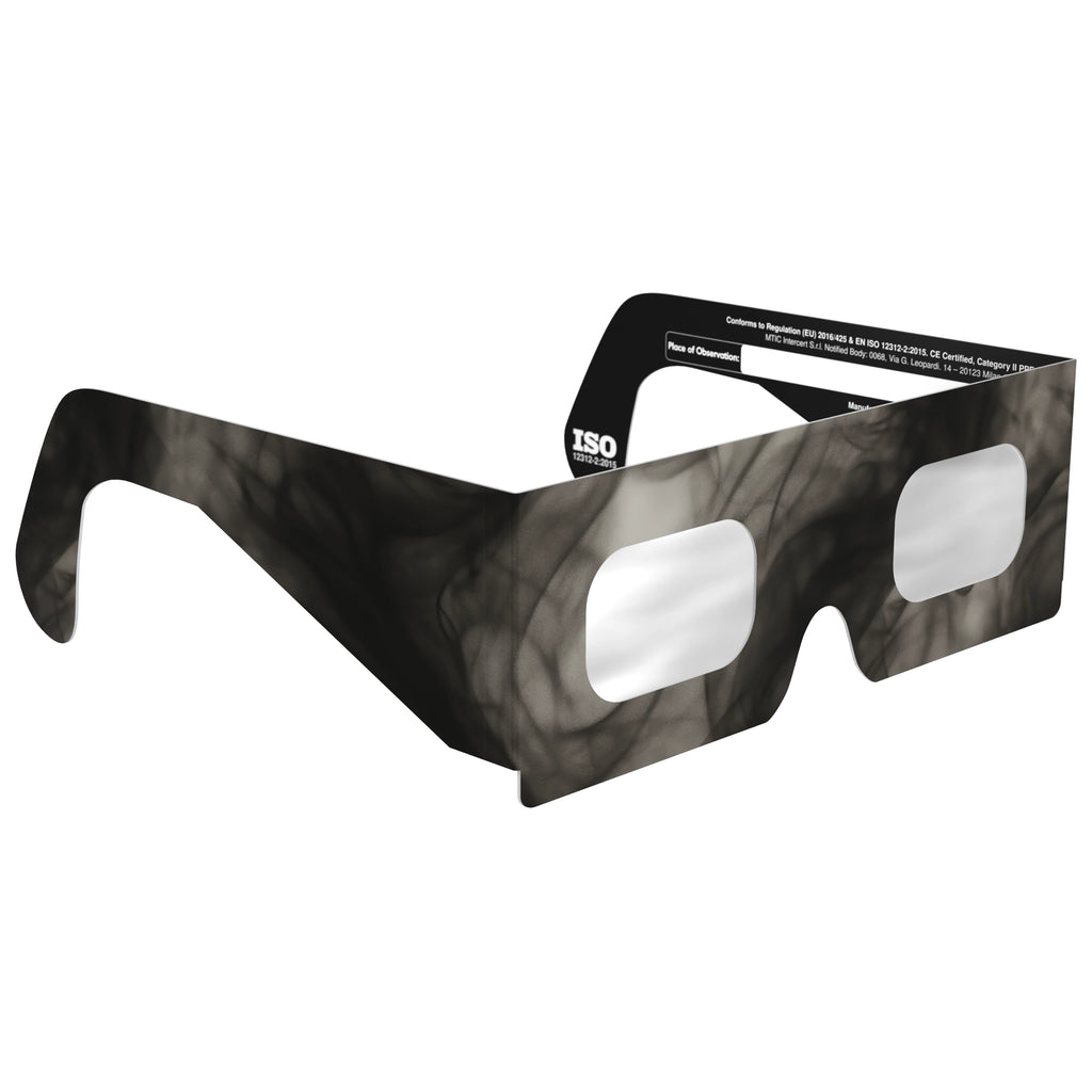45-degree angle view of Soot design eclipse glasses, emphasizing their sleek design and flat lenses. CE certified.