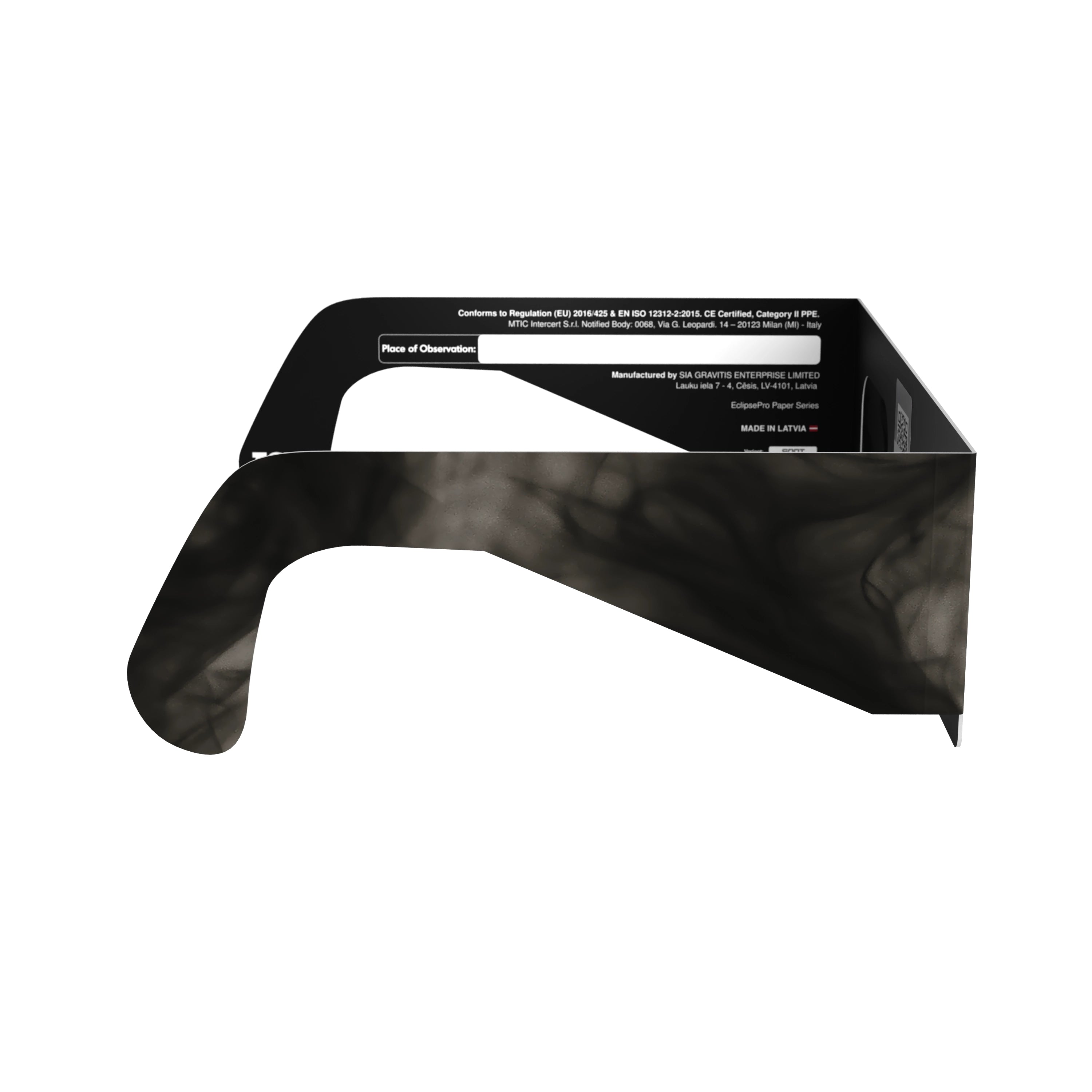 Side profile view of Soot design eclipse glasses, highlighting their unique smoky pattern and flat lens design.