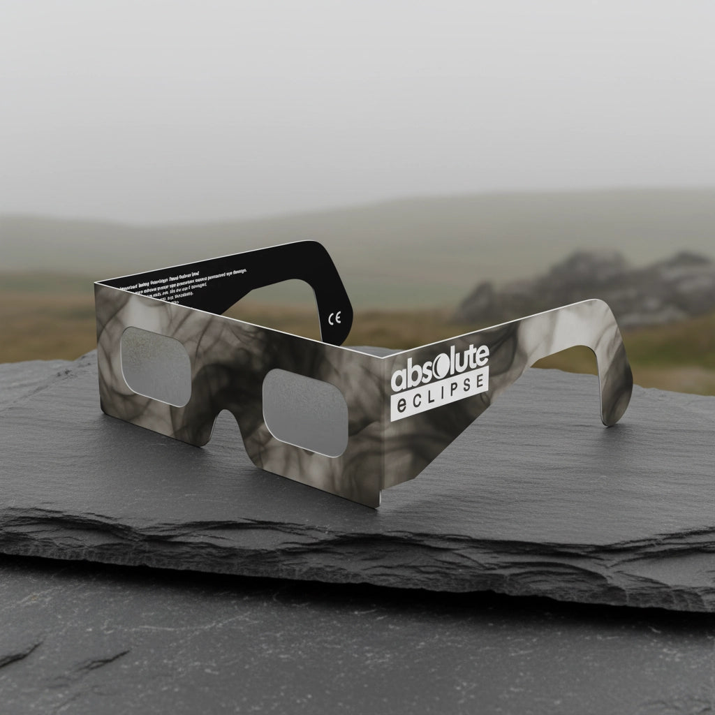 A professional showcase of Soot design eclipse glasses on a textured slate slab, perfect for safe viewing. ISO 12312-2 certified.