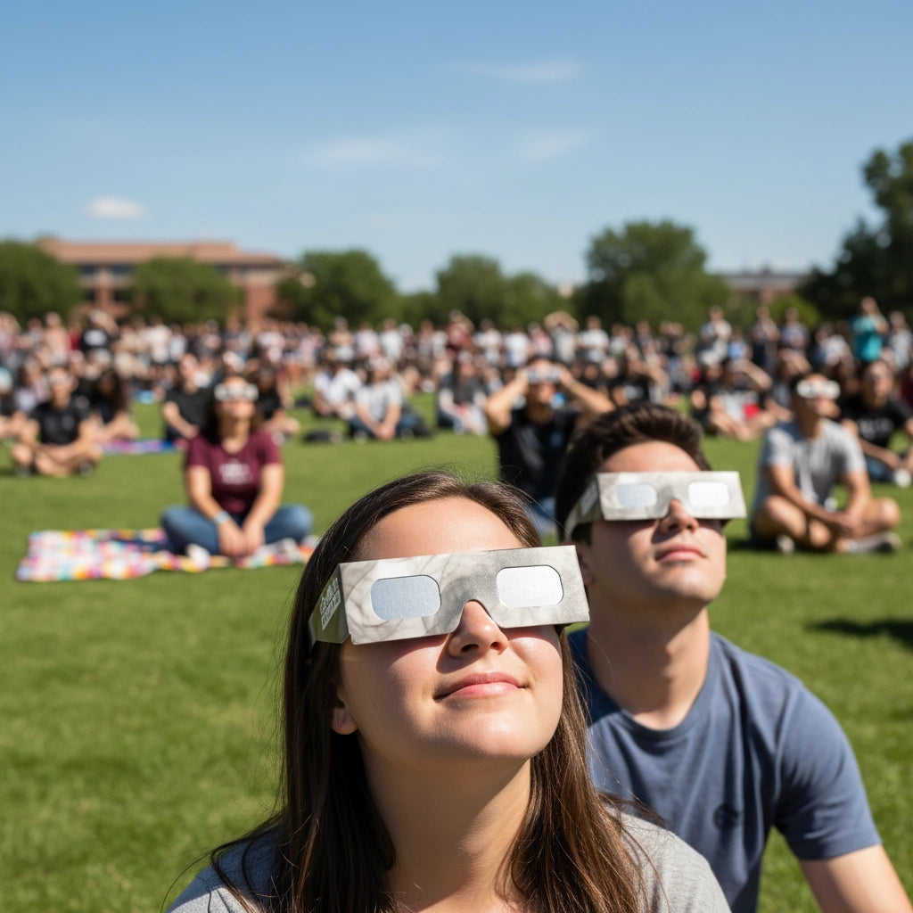 A large crowd at a university campus, all wearing Soot design eclipse glasses and looking up, creating a sense of shared wonder. CE certified.