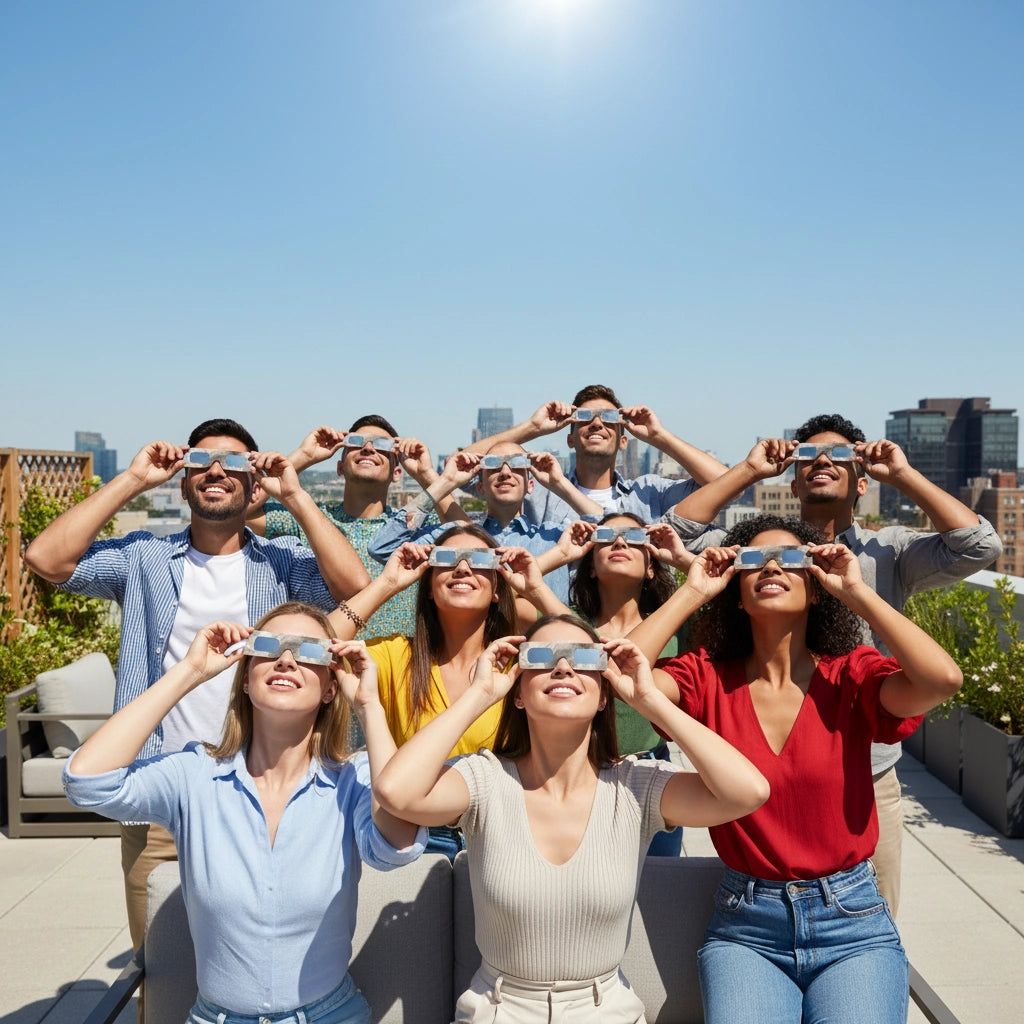 A group of friends on a rooftop terrace, all wearing Soot design eclipse glasses and looking up with joy and curiosity. ISO 12312-2 certified.