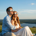 A young couple outdoors, sharing a moment while wearing Soot design eclipse glasses, looking at the sky with expressions of wonder.