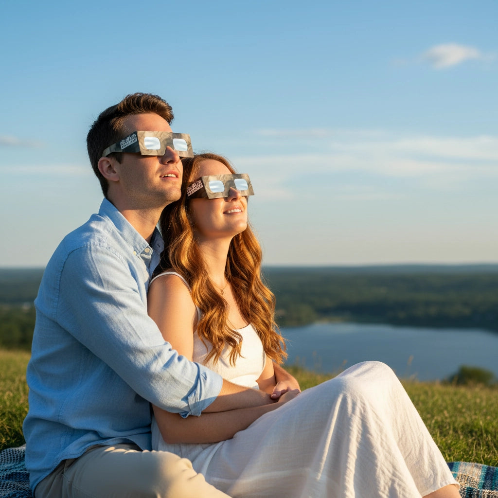 A young couple outdoors, sharing a moment while wearing Soot design eclipse glasses, looking at the sky with expressions of wonder. CE certified.