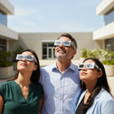 Colleagues at a corporate viewing event on a sunny day, all wearing Soot design eclipse glasses, gazing up with fascination.