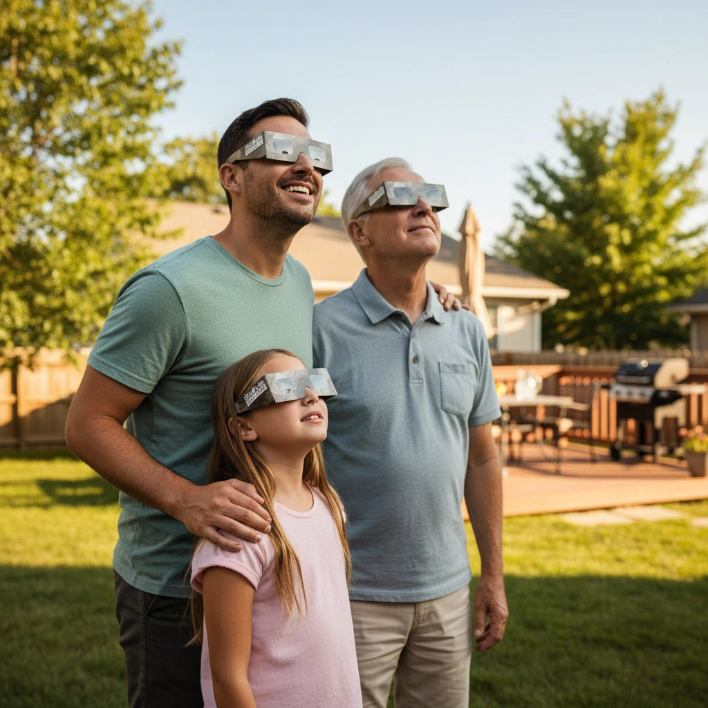 A family enjoying a sunny afternoon in their backyard, all wearing Soot design eclipse glasses, gazing with awe at the sky. ISO 12312-2 compliant.