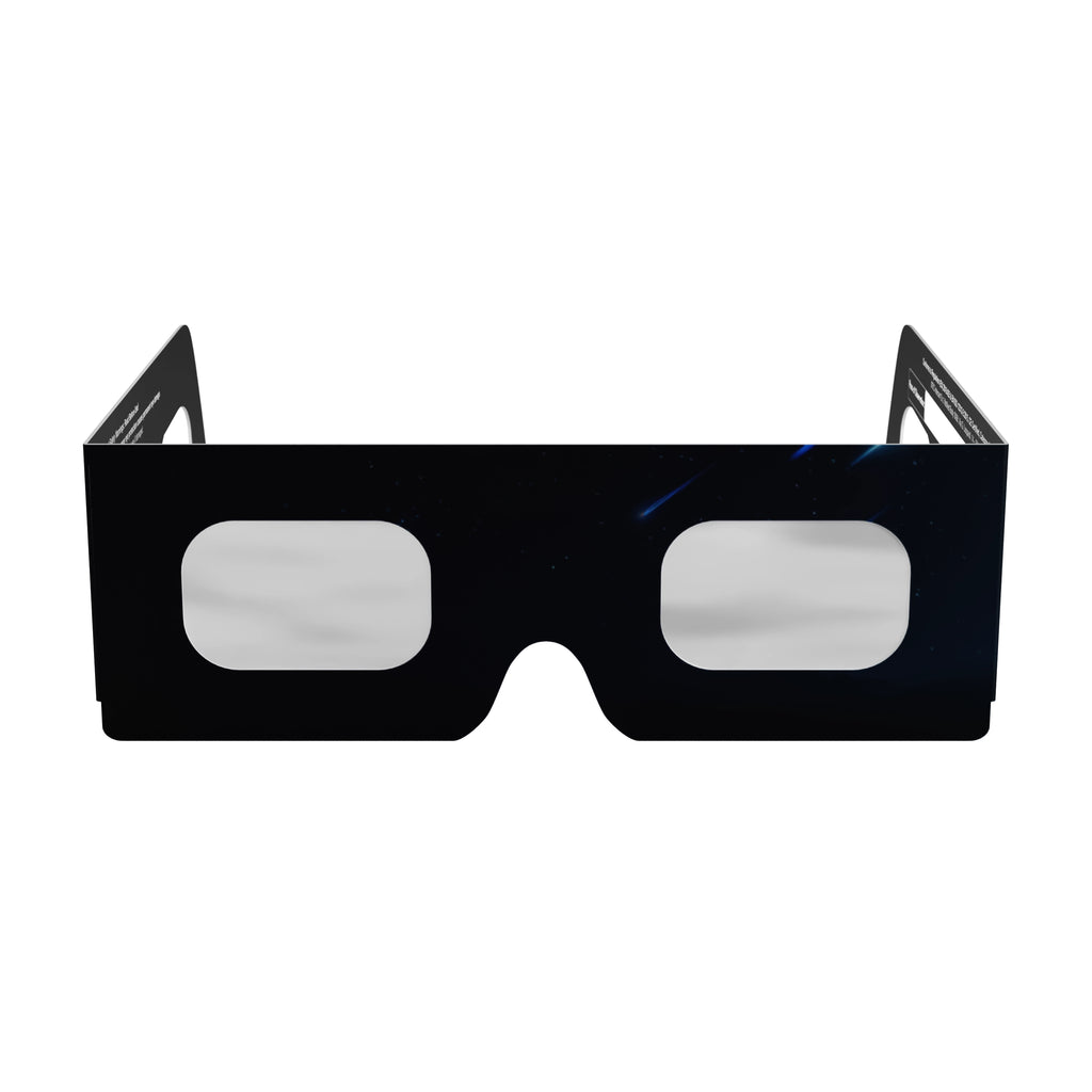 Front view of Stranded design eclipse glasses showcasing the flat lenses, perfect for safe solar eclipse viewing. CE certified.