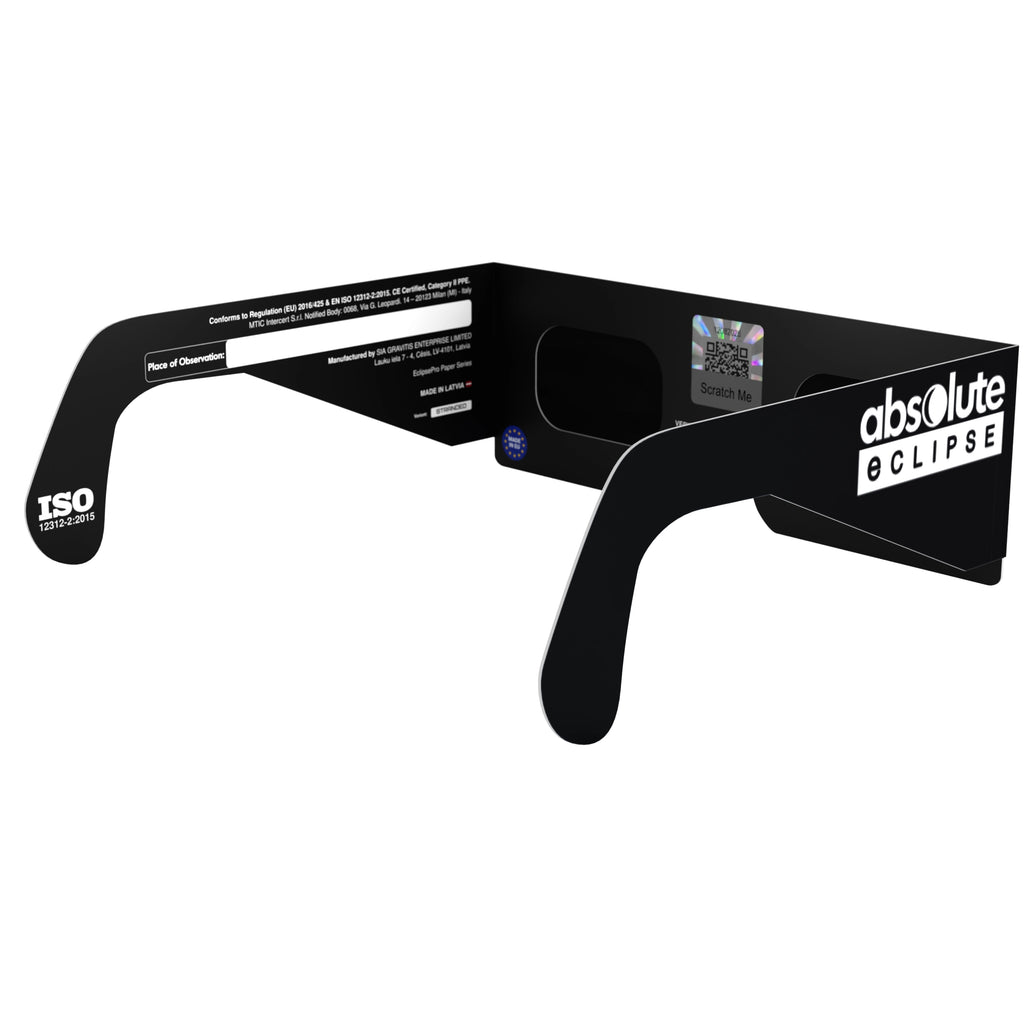 Back-side angle view of Stranded design eclipse glasses, QR authenticity sticker visible, showcasing flat lenses for safety.