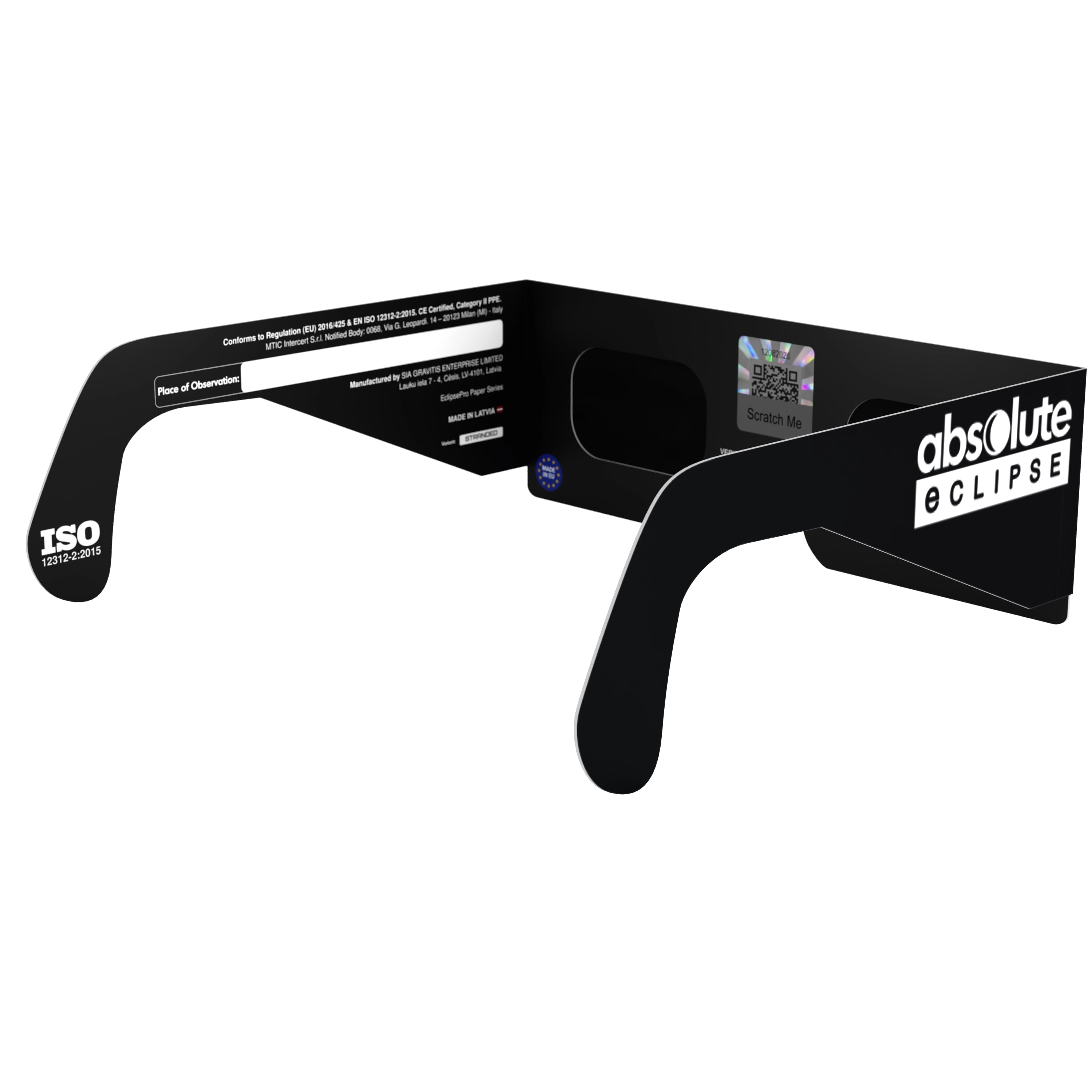 Back-side angle view of Stranded design eclipse glasses, QR authenticity sticker visible, showcasing flat lenses for safety.