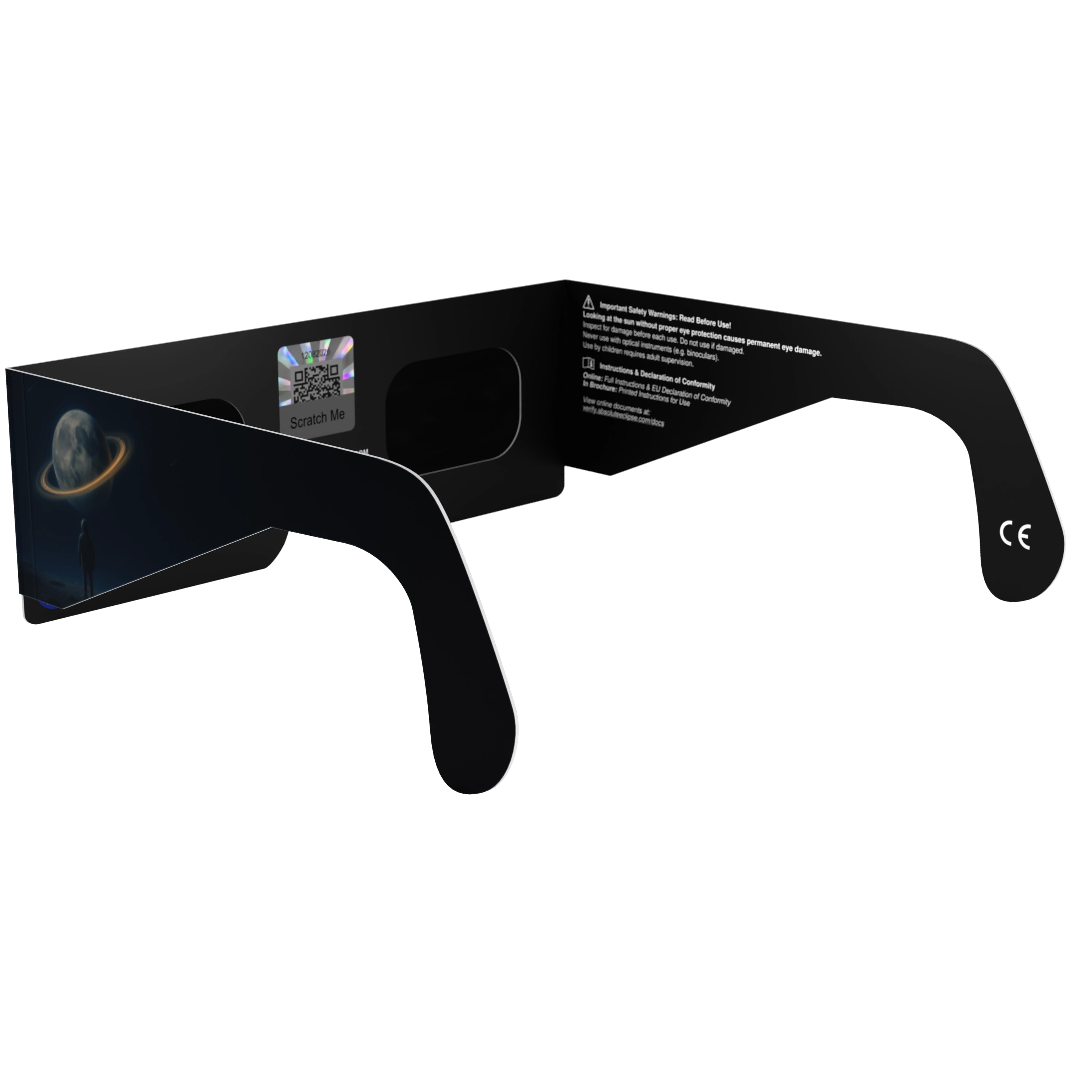 Back-side alternate angle view of Stranded design eclipse glasses, QR authenticity sticker visible, highlighting safety features.