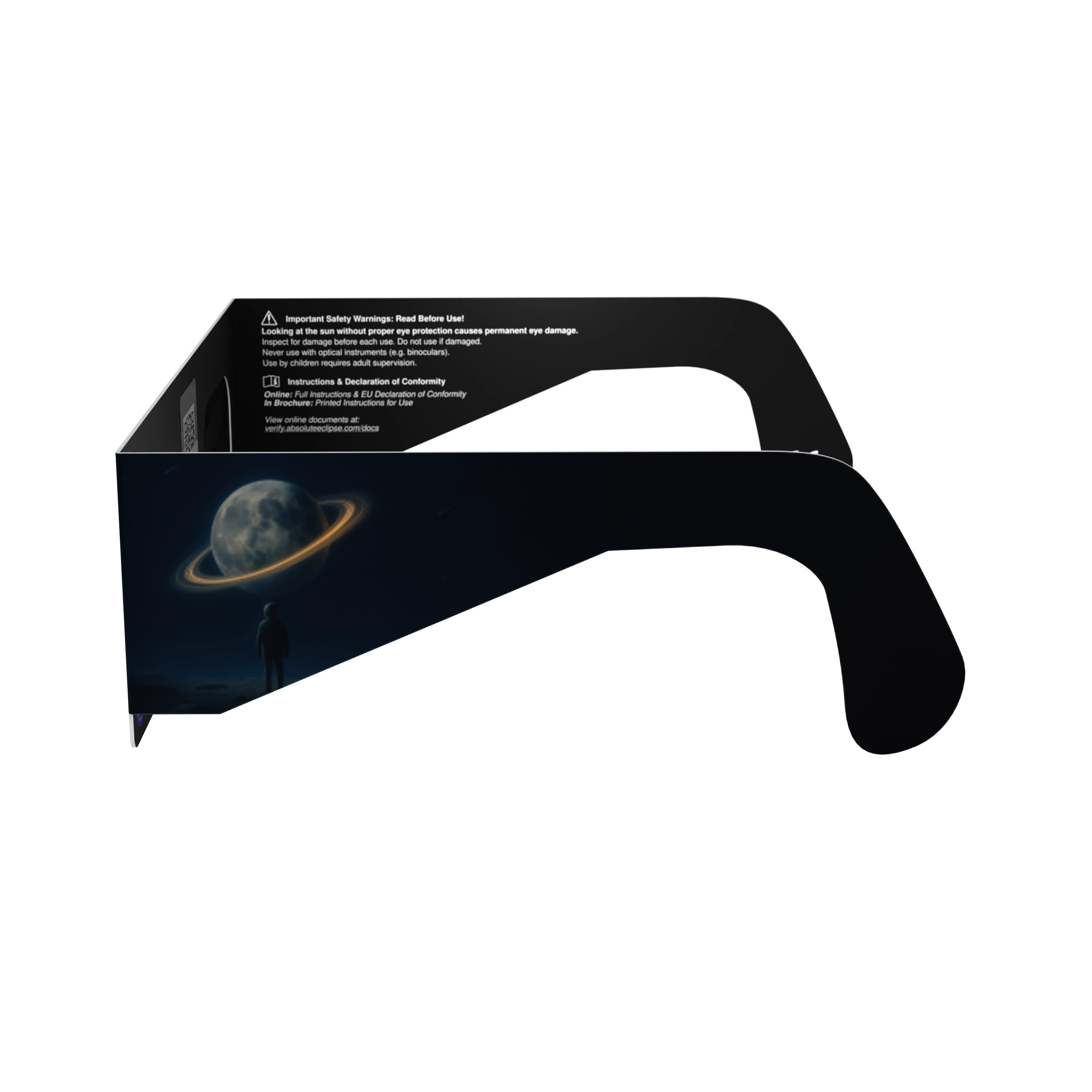Side alternate profile view of Stranded design eclipse glasses showing the lens quality, perfect for safe solar viewing.