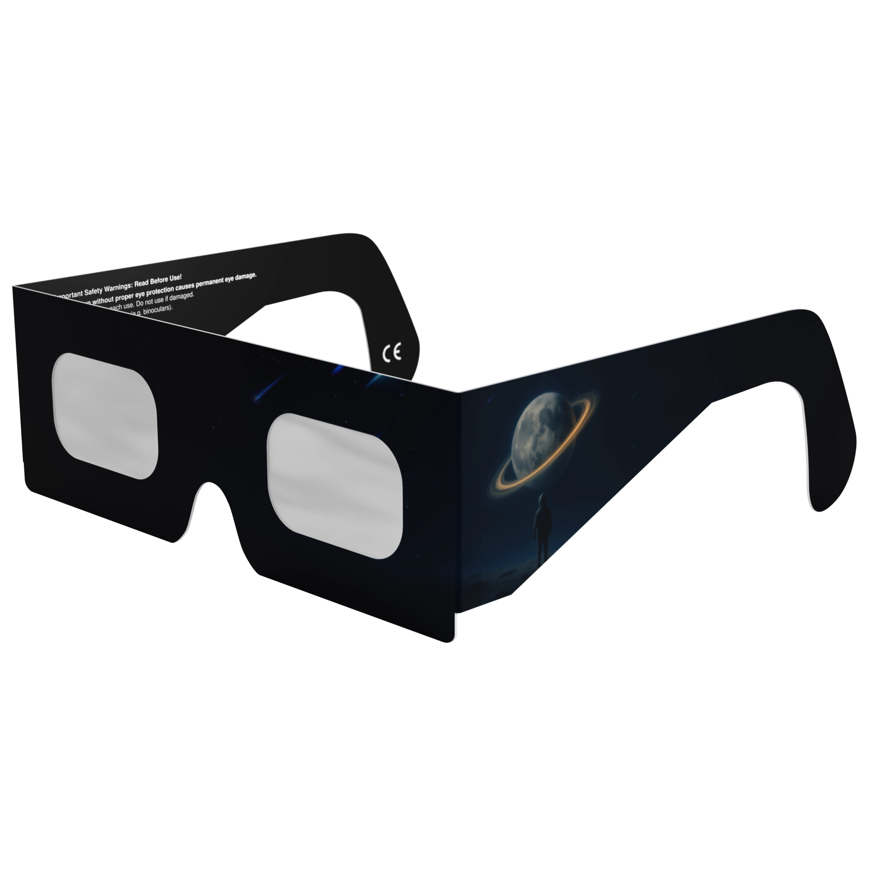Front-side main angle view of Stranded design eclipse glasses, emphasizing the flat lenses for safety during solar events.