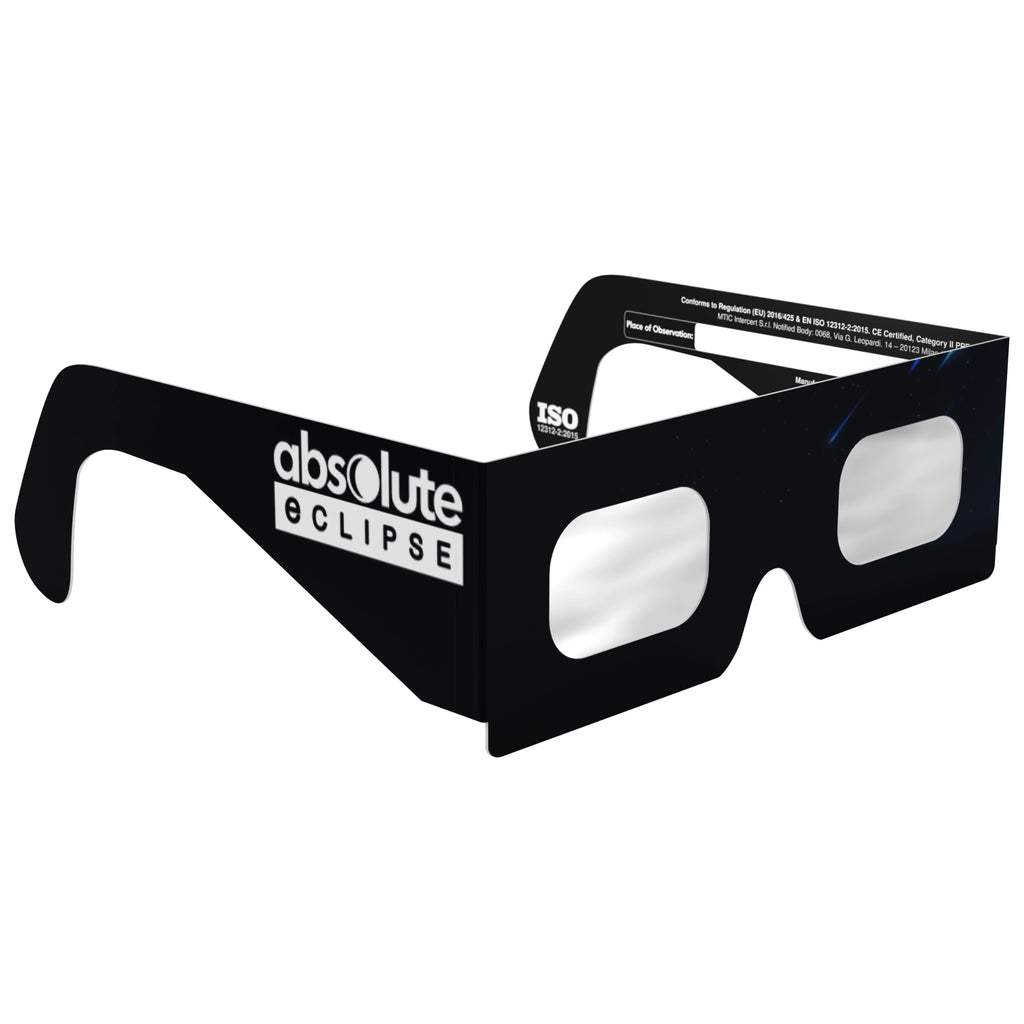 45-degree angle view of Stranded design eclipse glasses highlighting the sleek frame and flat lenses, ideal for safe viewing.