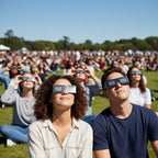 A group of young adults wearing Stranded design eclipse glasses at a vibrant outdoor event, all looking joyfully at the sky. Safe for the upcoming August 12, 2026 eclipse.