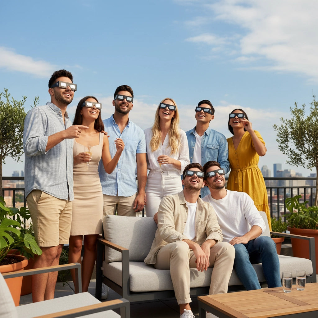 Group of friends on a rooftop wearing Stranded design eclipse glasses, enthusiastically looking at the bright sky. Safe for viewing the August 12, 2026 event.