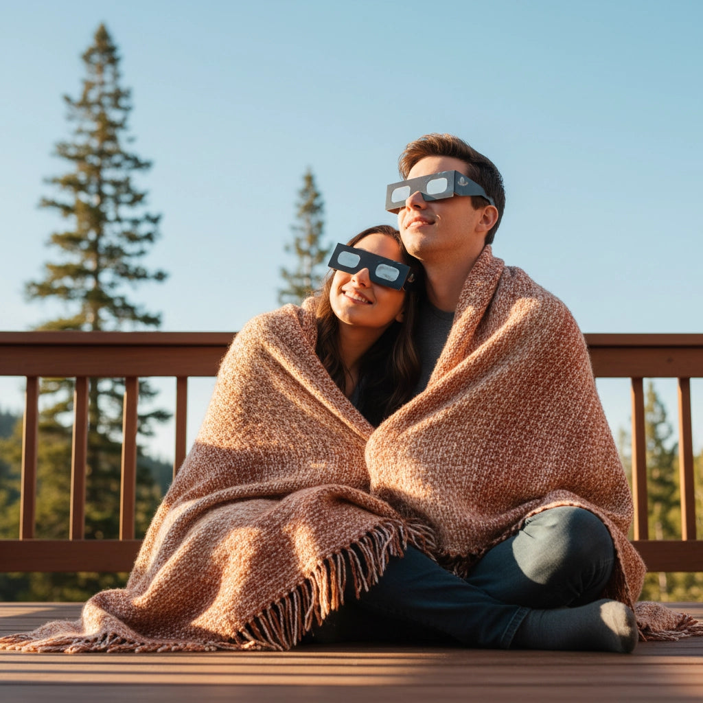 A couple shares a cozy moment wearing Stranded design eclipse glasses on a wooden deck, gazing at the sky together. Perfect for the August 12, 2026 eclipse.