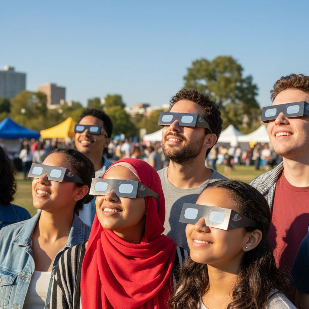 Diverse friends at a community festival wearing Stranded design eclipse glasses, all gazing upwards with smiles. Great for the August 12, 2026 solar eclipse.